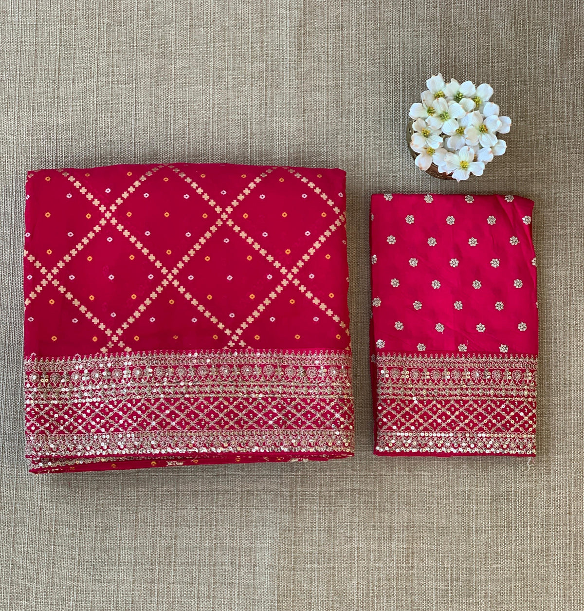 Dark Pink Fancy Banarasi Bandhini georgette saree with sabhyasachi borders and blouse