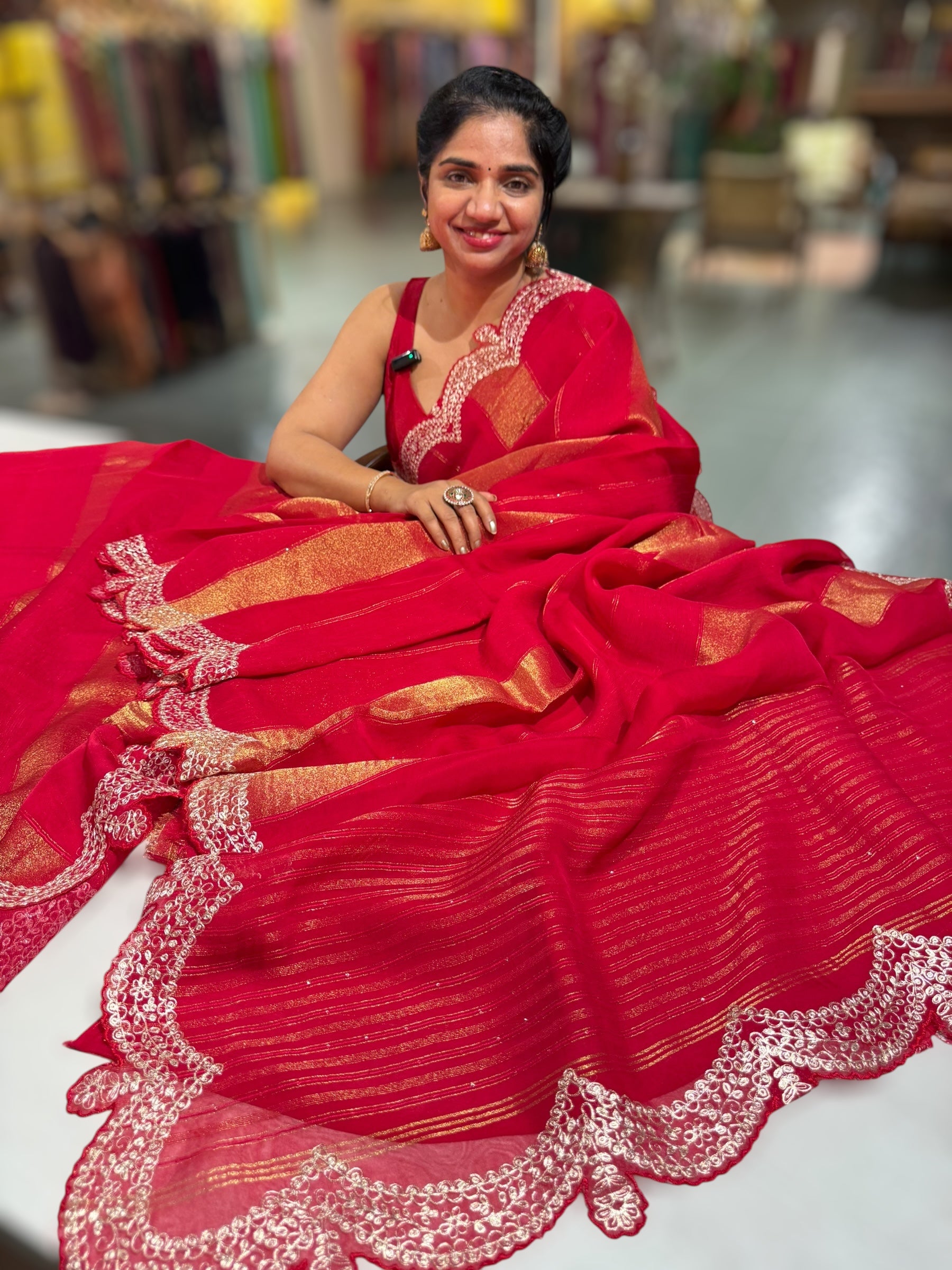 Red Organza and Tissue stripes Saree with Pita Embroidery