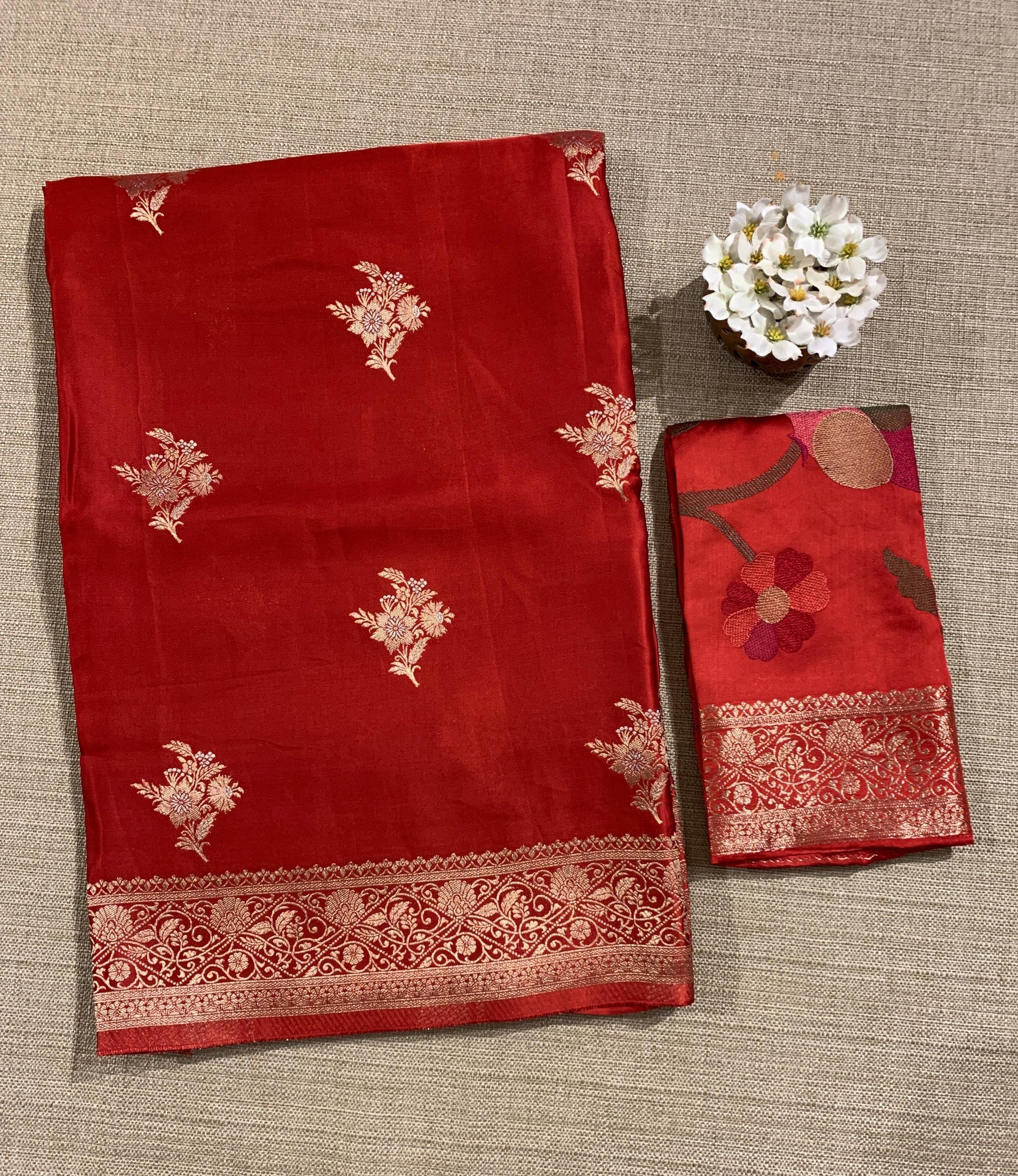 Red Mashru Silk Saree with Paithani inspired embroidered blouse