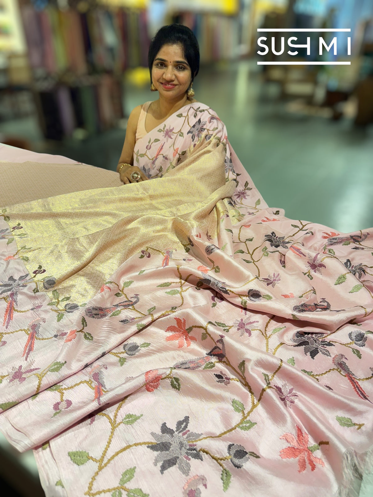 Pastel Pink Brocade Kanjeevaram with embroidery D62F037