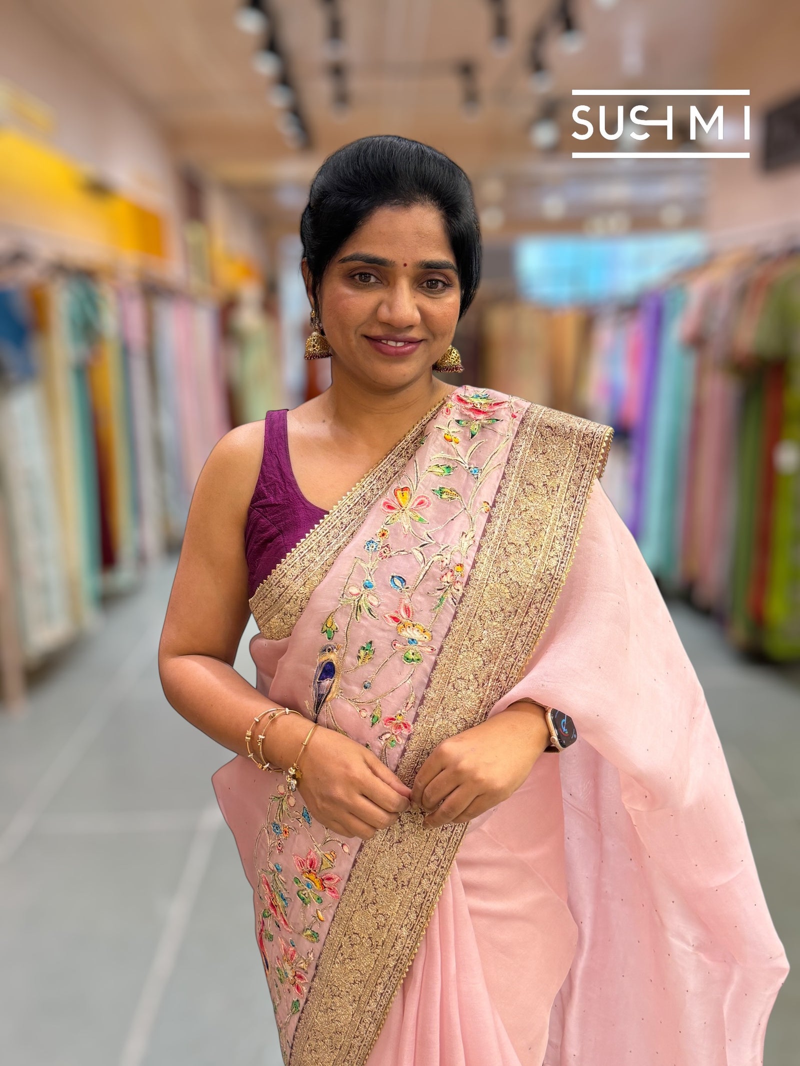 Dusty Pink Organza Banarasi Fusion Saree with Bird Appliqué : SM019