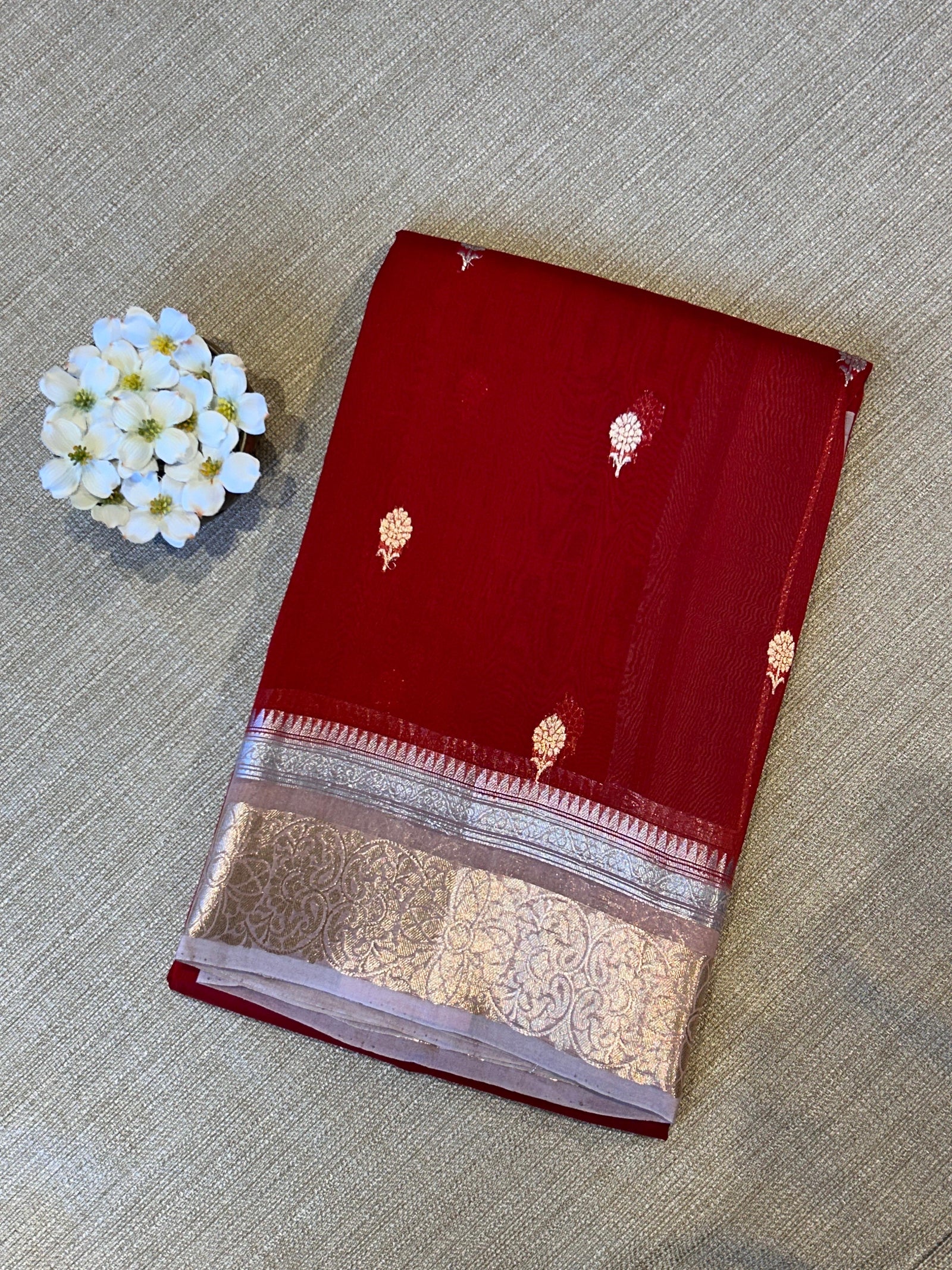 Red and lilac Combo Pure Handloom premium Kora Banarasi Saree