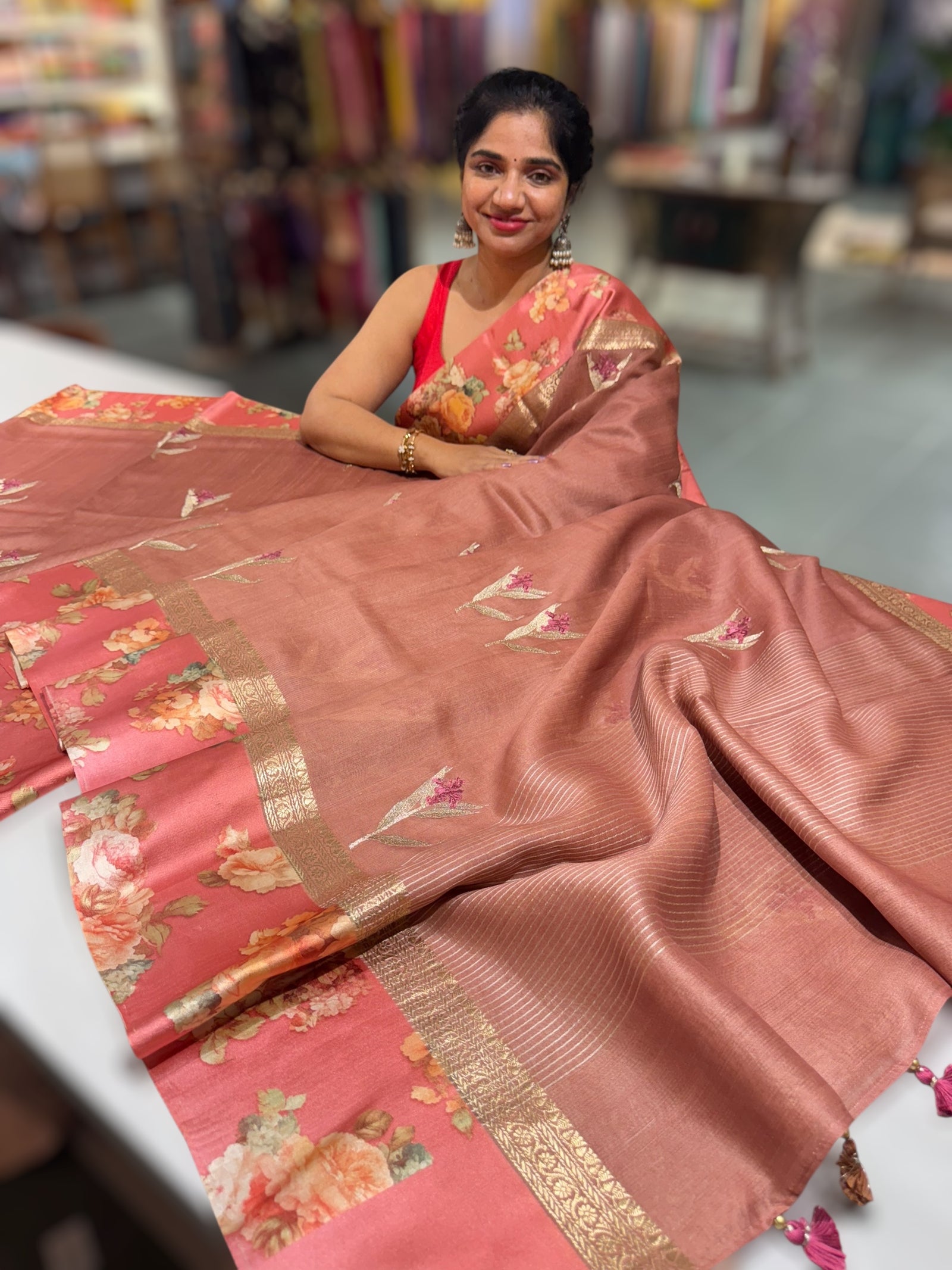 Dark Onion Pink Tussar Dhupion Saree with Floral printed mashru borders