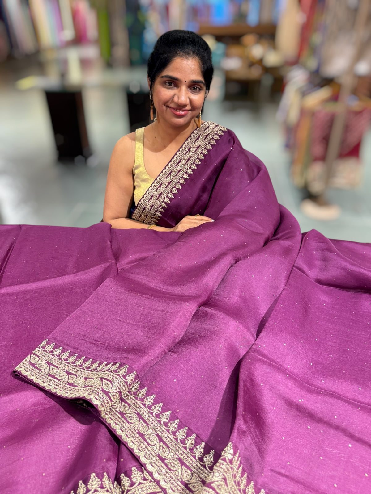Wine Pure Organza Saree with allover mukaish work & sabyasachi borders