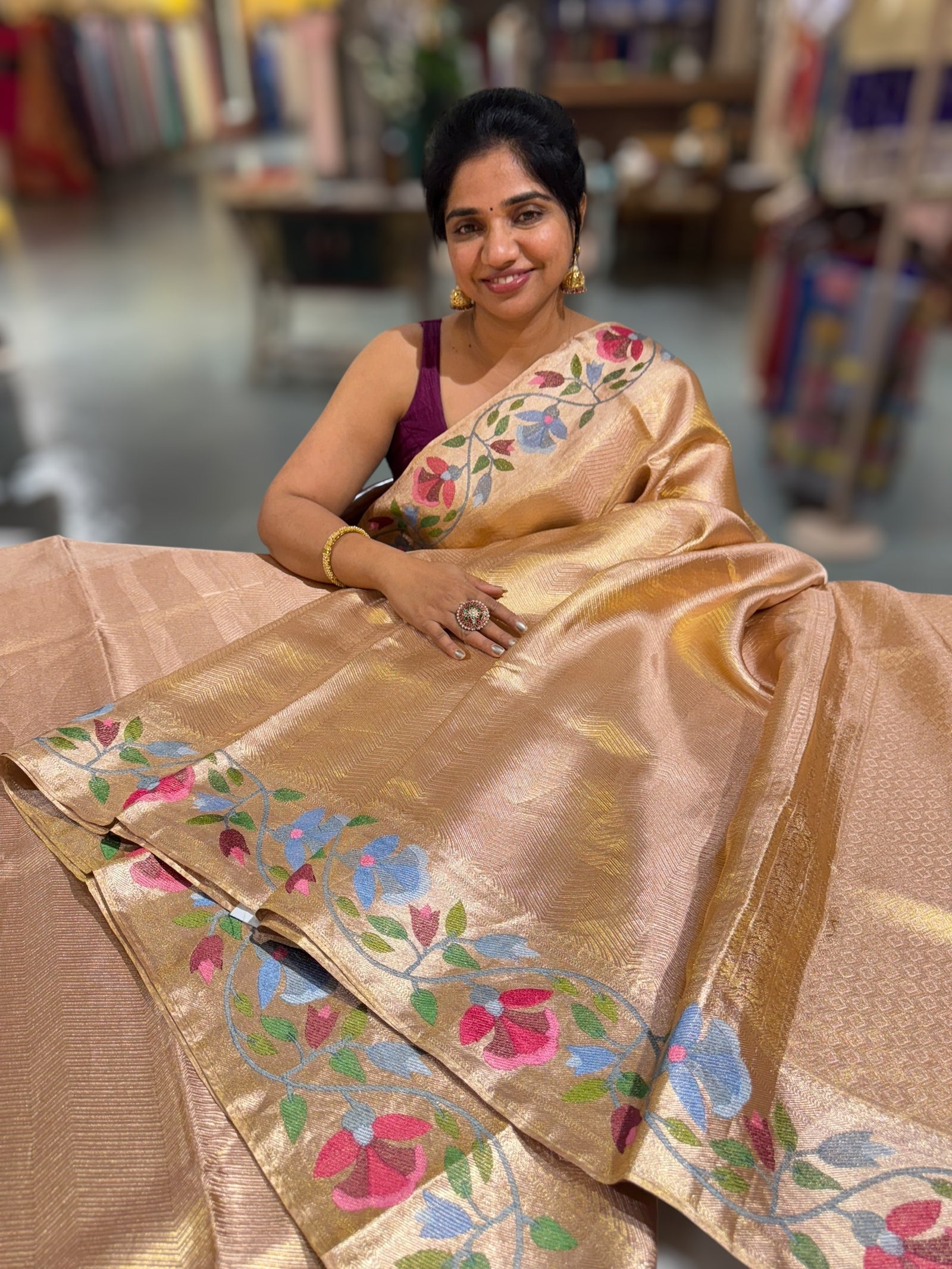 Rose Gold Kanchi Tissue Brocade Saree With jamdani inspired embroidery.