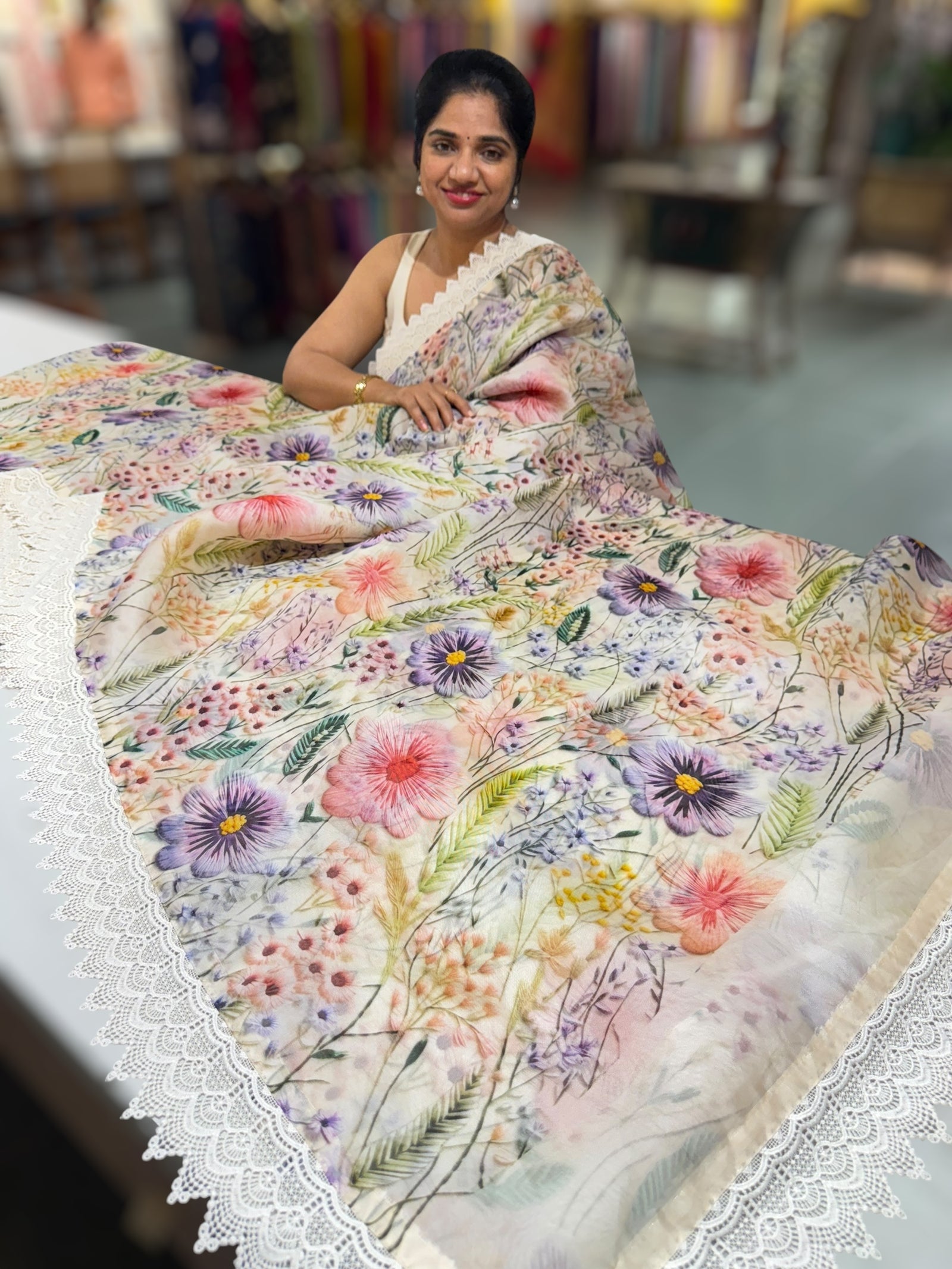 Ivory Organza 3D floral Printed Saree hemlined with crotia lace
