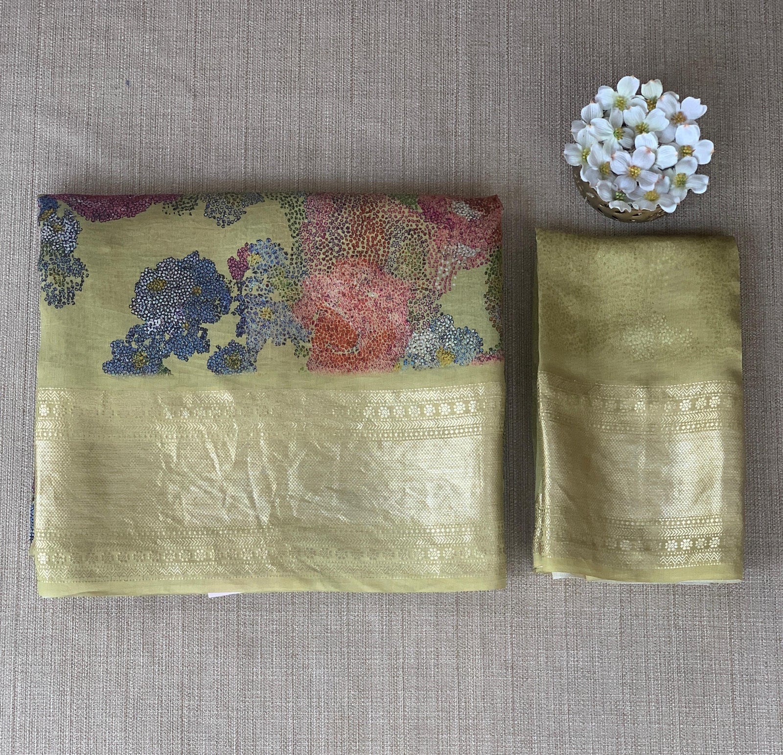 Pista Green Pure Handloom Chiniya Silk Saree with stunning Floral Print and zari borders