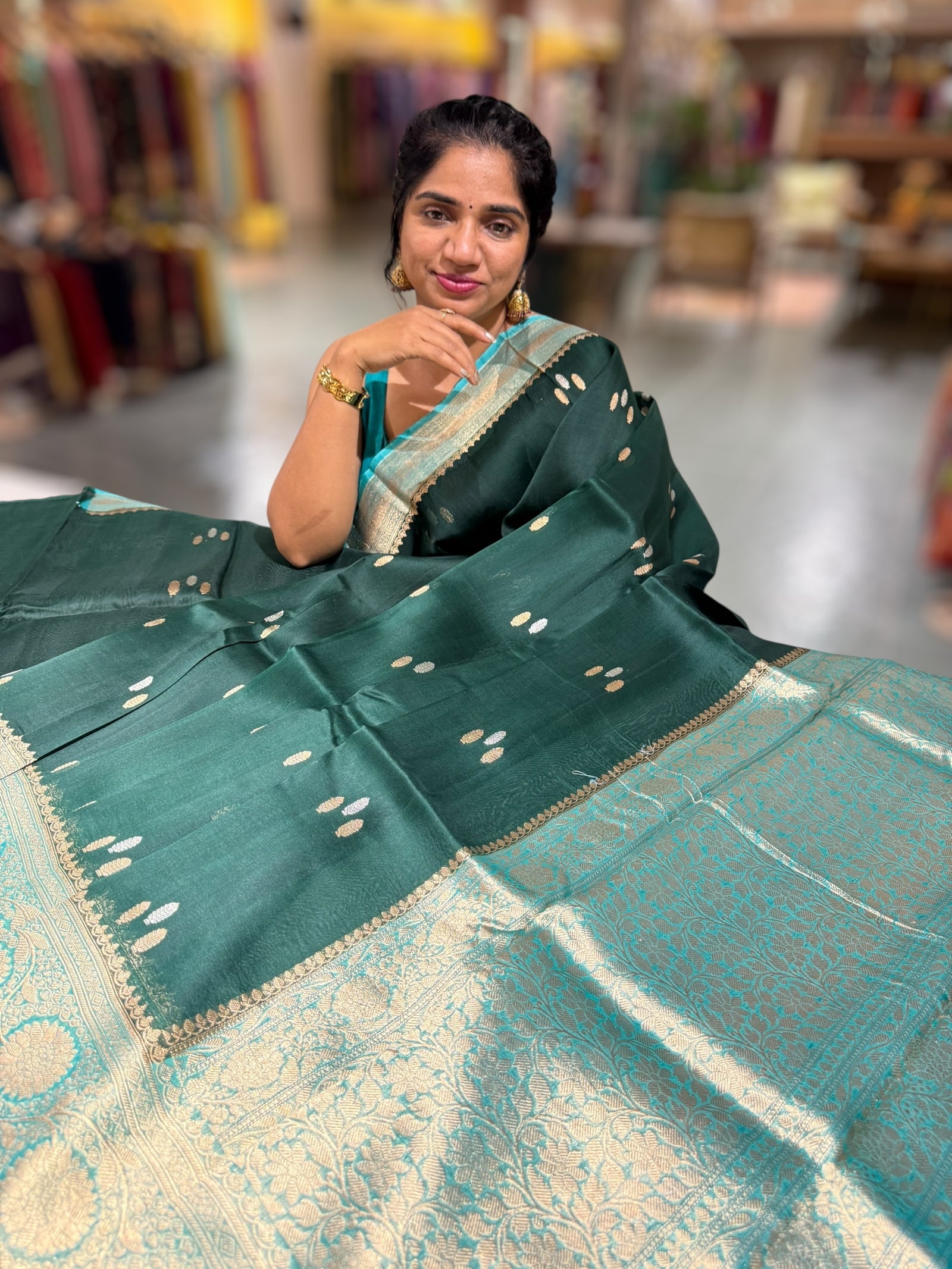 Forest Green & Teal Pure Handloom premium Kora Banarasi Saree