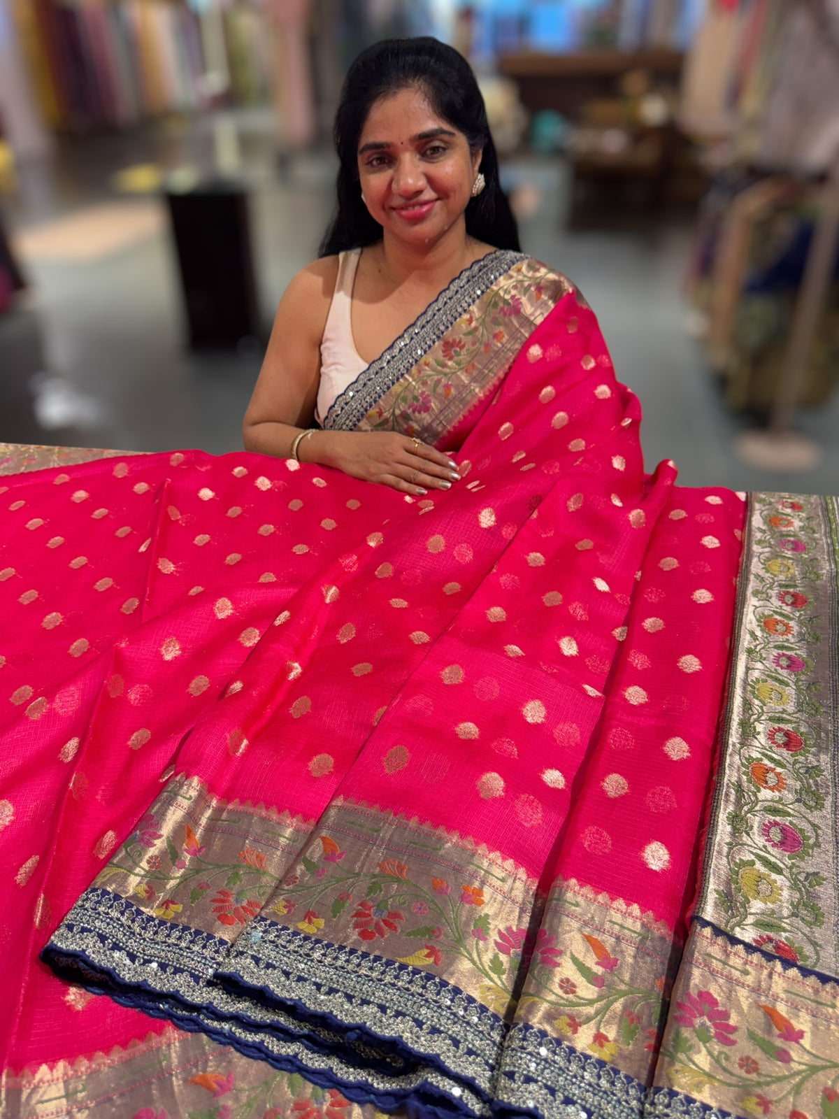 Reddish Pink Designer Silk kota saree