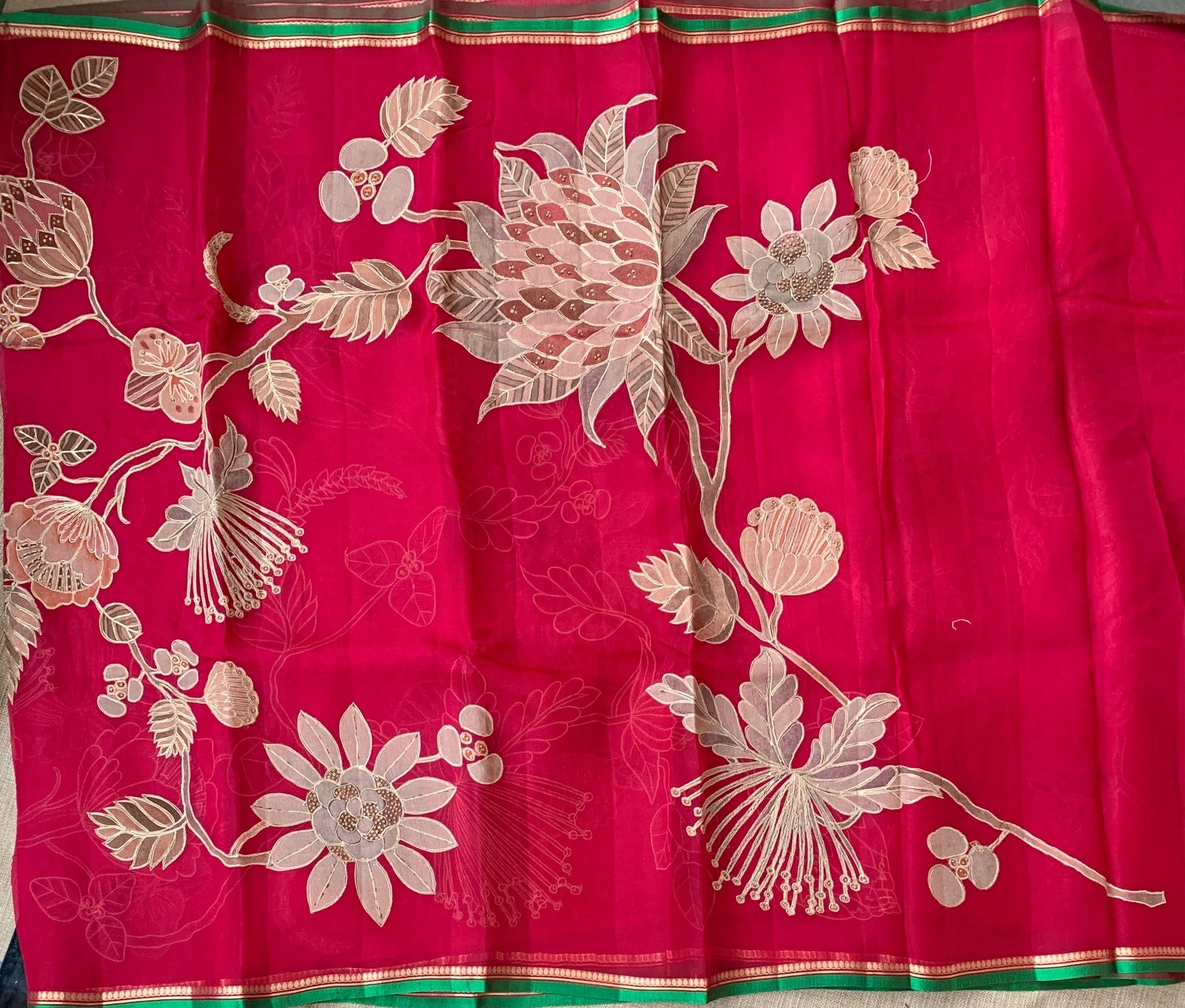 Dark Pink Designer Organza with Tissue applique work