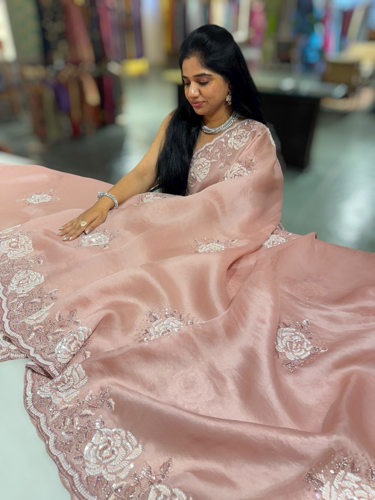 Nude Pink Organza with Rose handwork