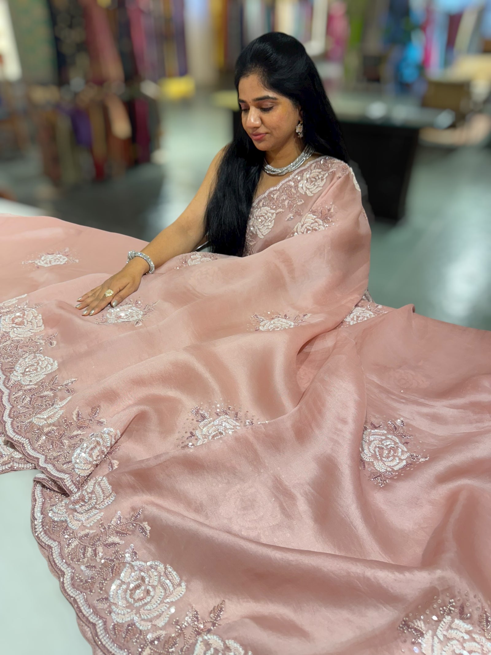 Nude Pink Organza with Rose handwork