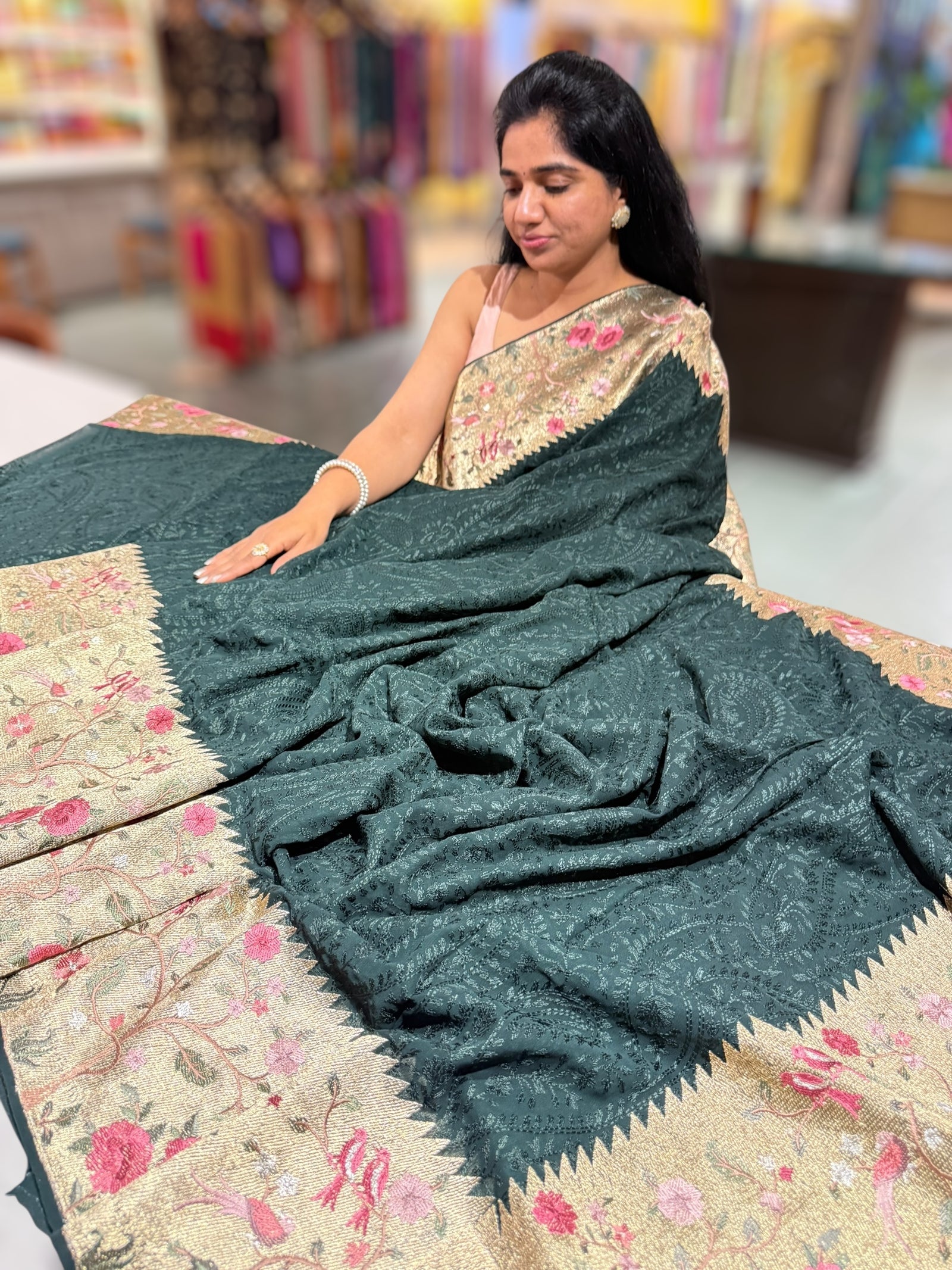 Forest Green Chikankari Georgette Saree with Tissue embroidered Border