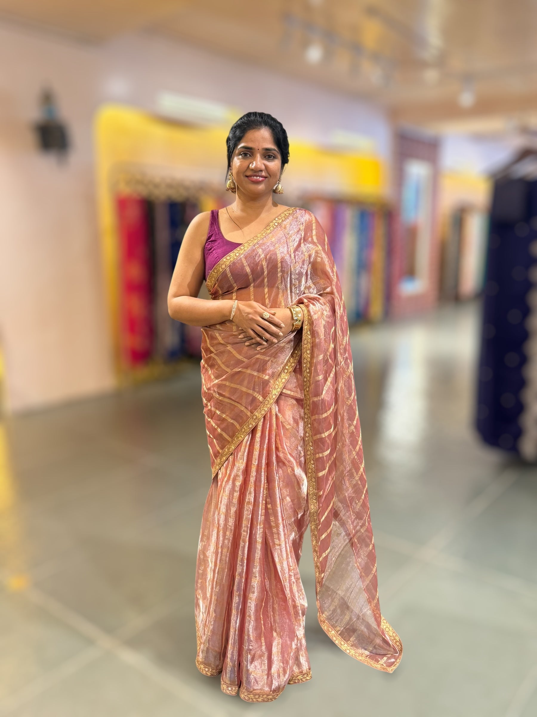 Onion Pink Banarasi Tissue checks Saree with Sabyasachi Borders