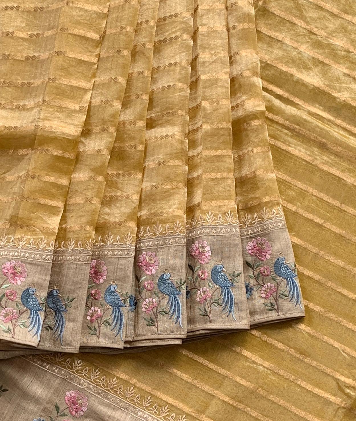 Yellow Pure Handloom Tissue Saree with pure Tussar embroidered border