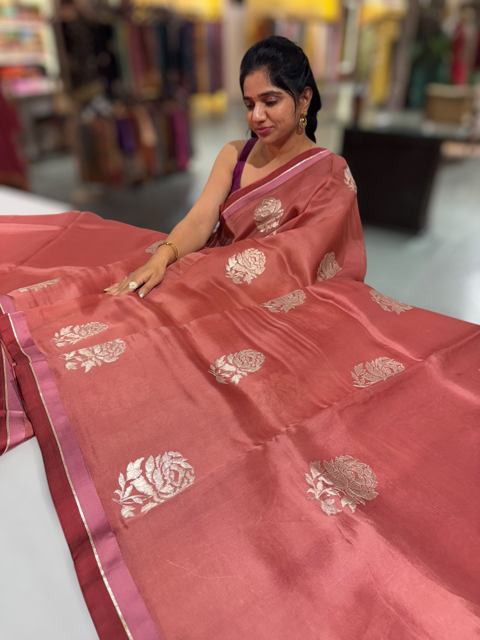 Terracota Color Pure Organza with embroidery