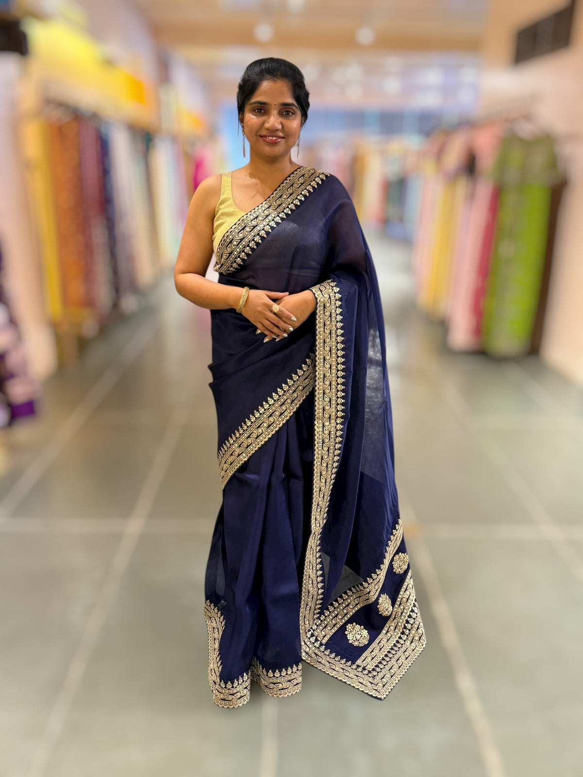Navy Blue Pure Organza Saree with sabyasachi borders and blouse
