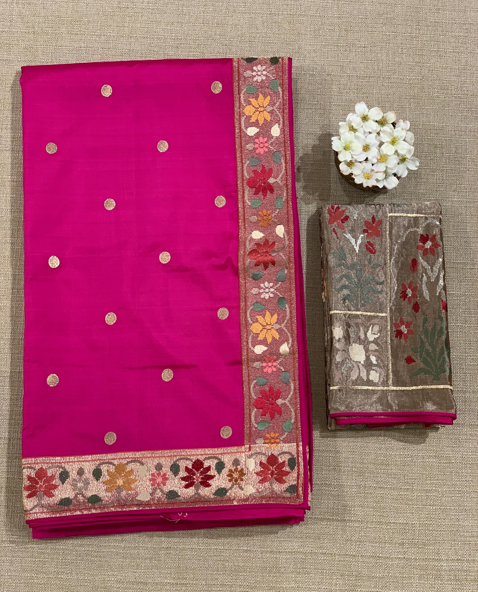 Rani Pink Kanchi soft silk saree with pythani and jamdani inspired embroidery