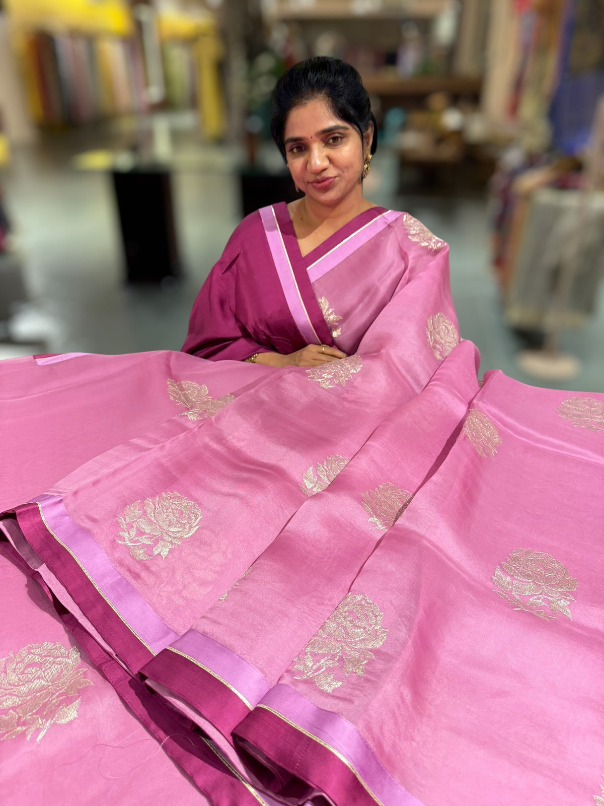 Rose Pink Pure Organza with embroidery