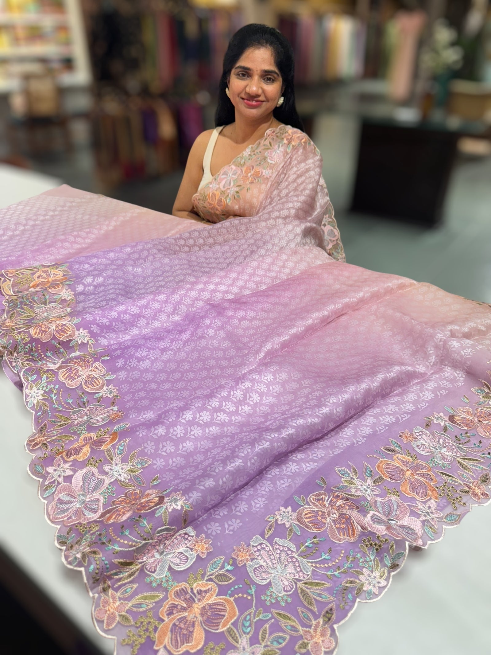 Ombre dyed soft organza saree with embroidery