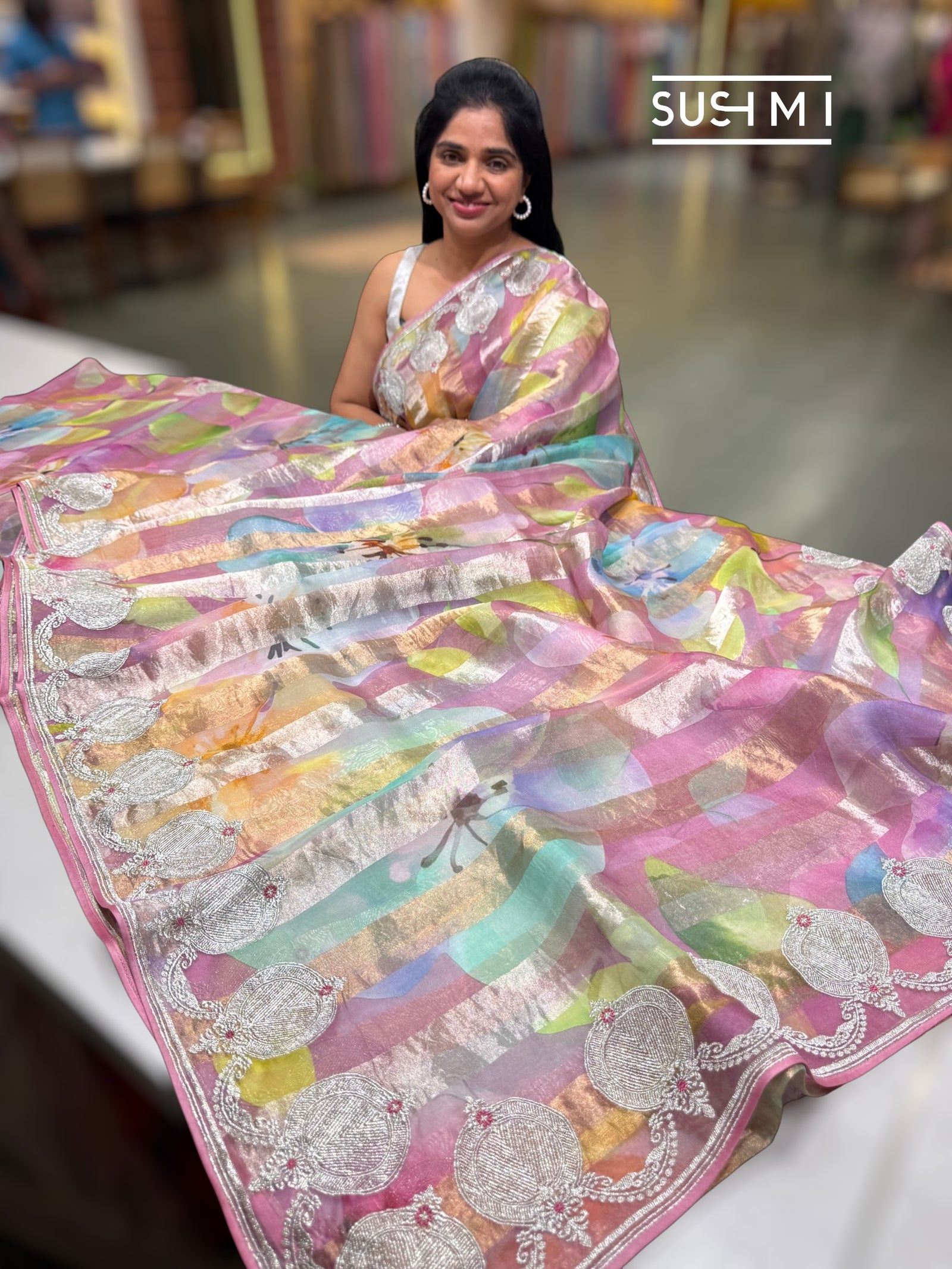 Dusty Pink Printed Organza Tissue stripes saree with embroidery : SM073