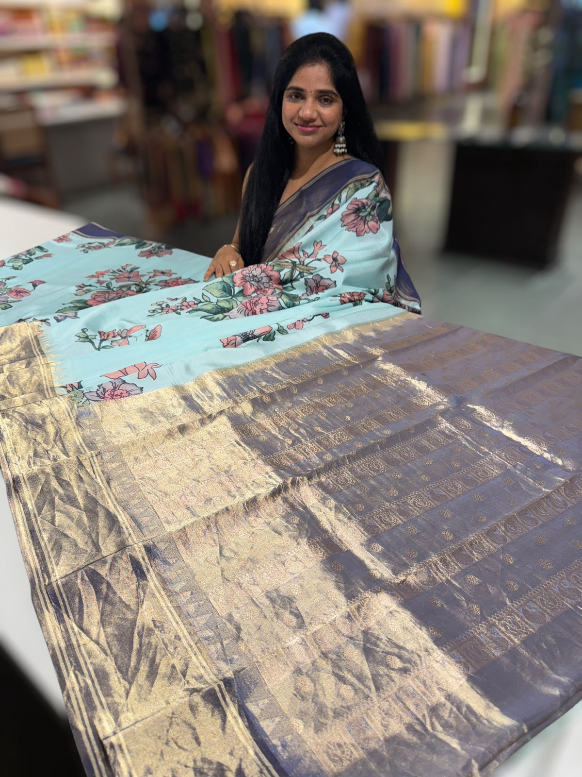 Baby Blue Kanjeevaram Designer print saree