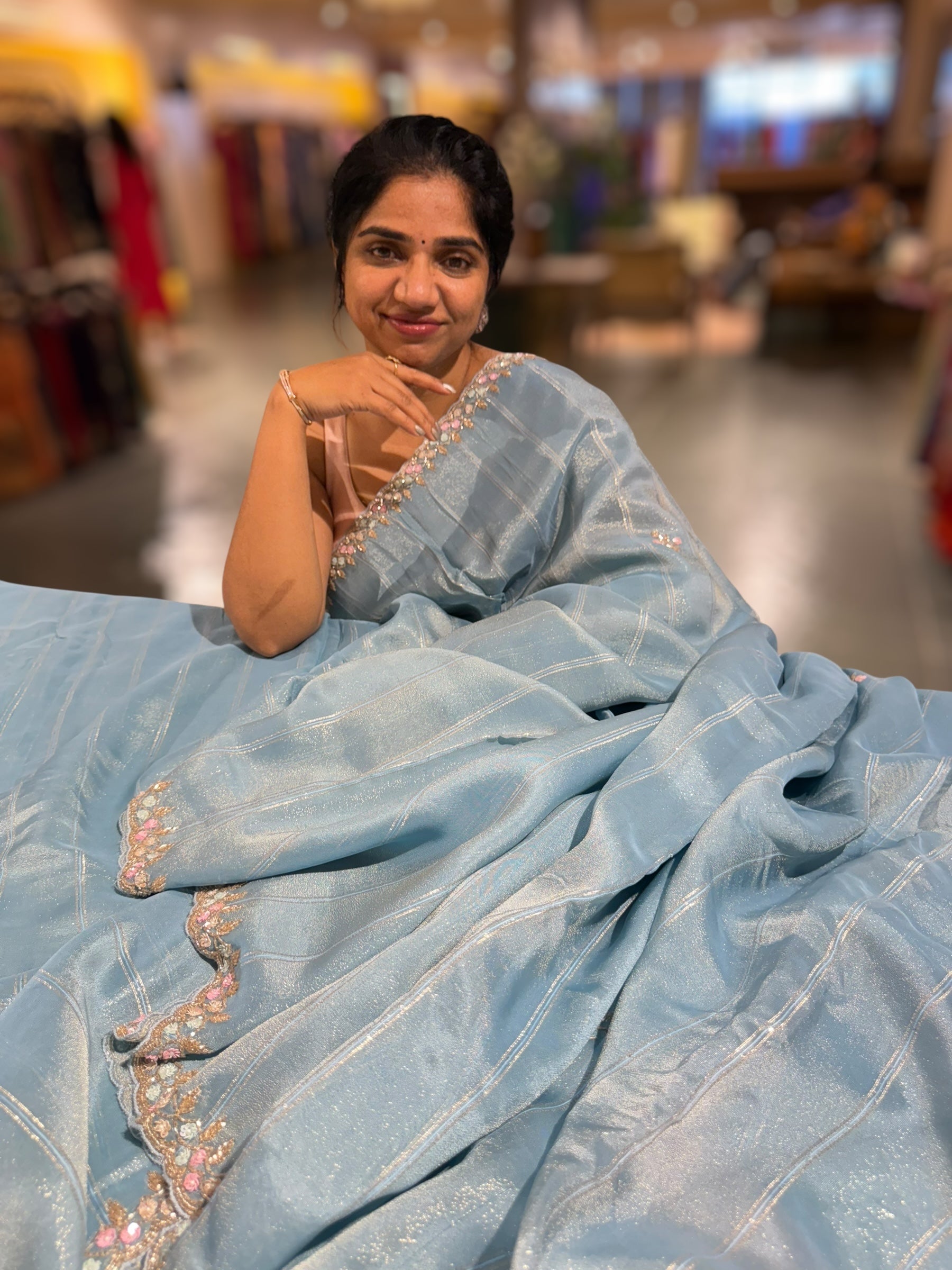 Tissue Gorgette Saree With Handwork Border and Blouse.