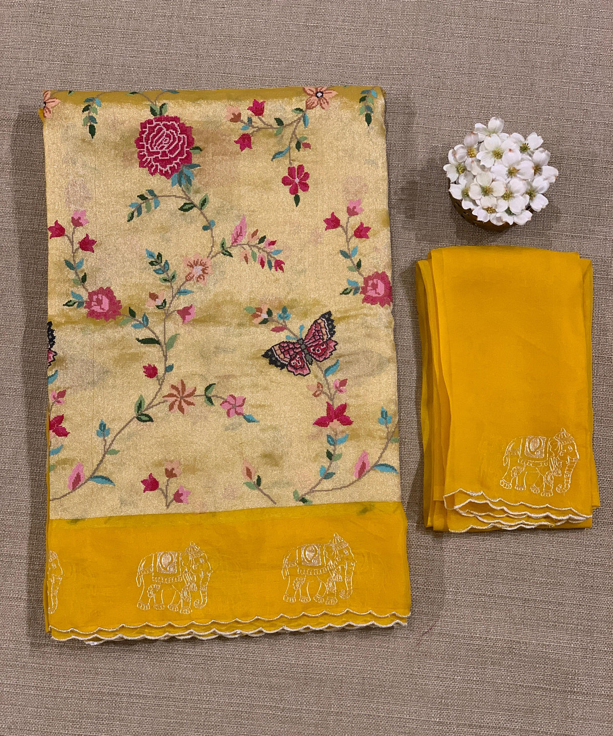 Mango Yellow Premium Handloom Designer Tissue saree with exquisite embroidery