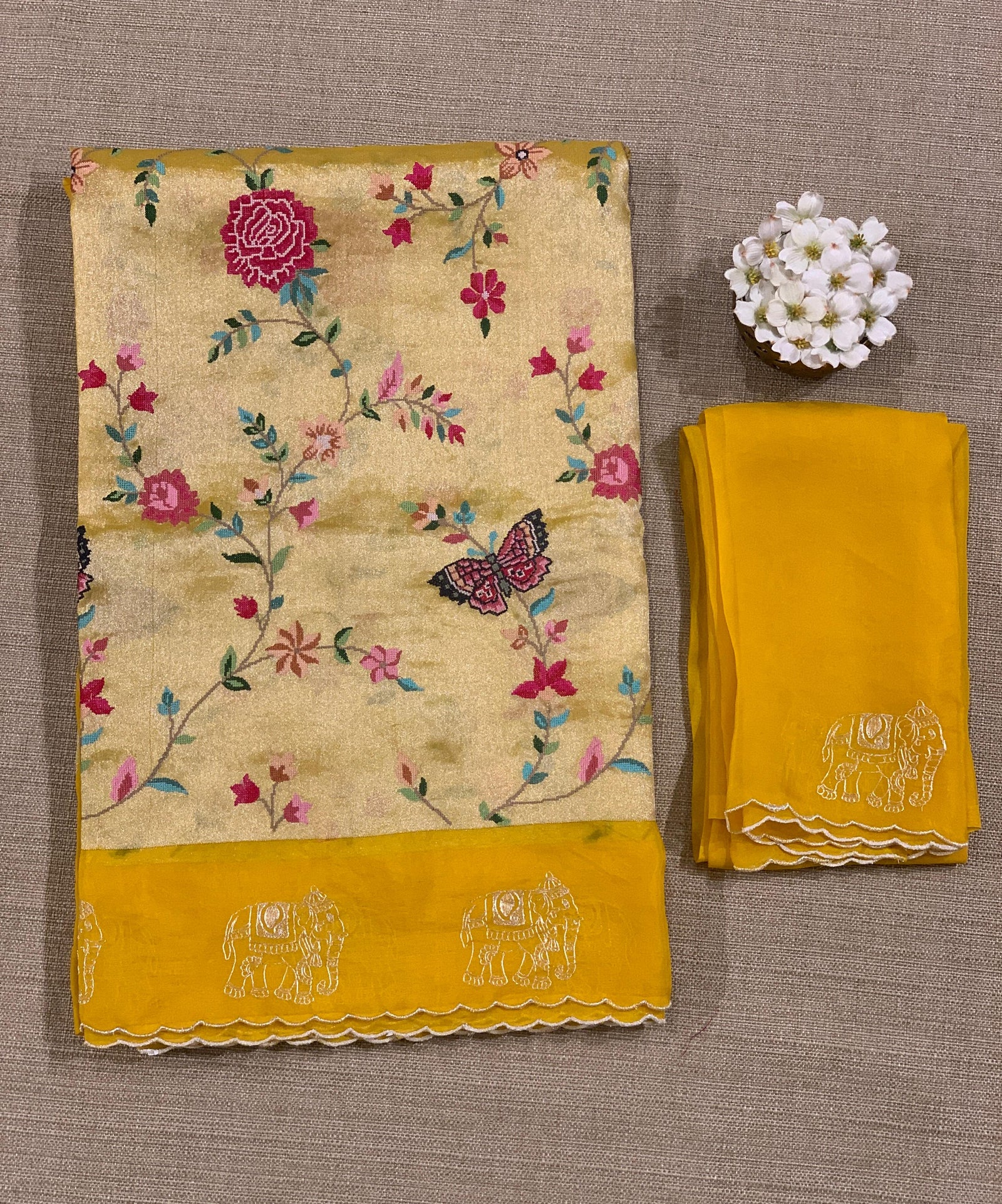Mango Yellow Premium Handloom Designer Tissue saree with exquisite embroidery