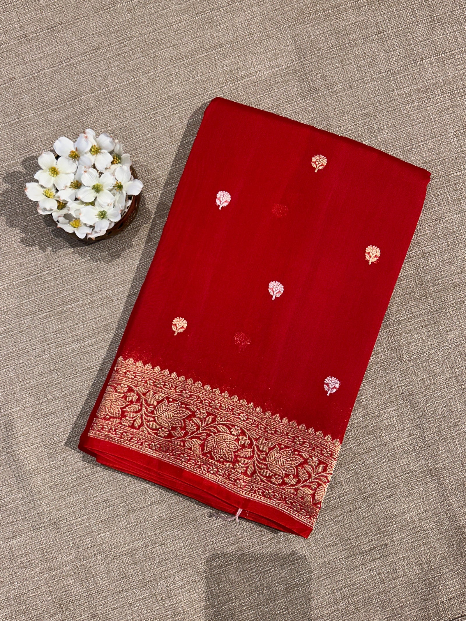 Red monotone look Pure Handloom premium Kora Banarasi Saree with heavy weaving border