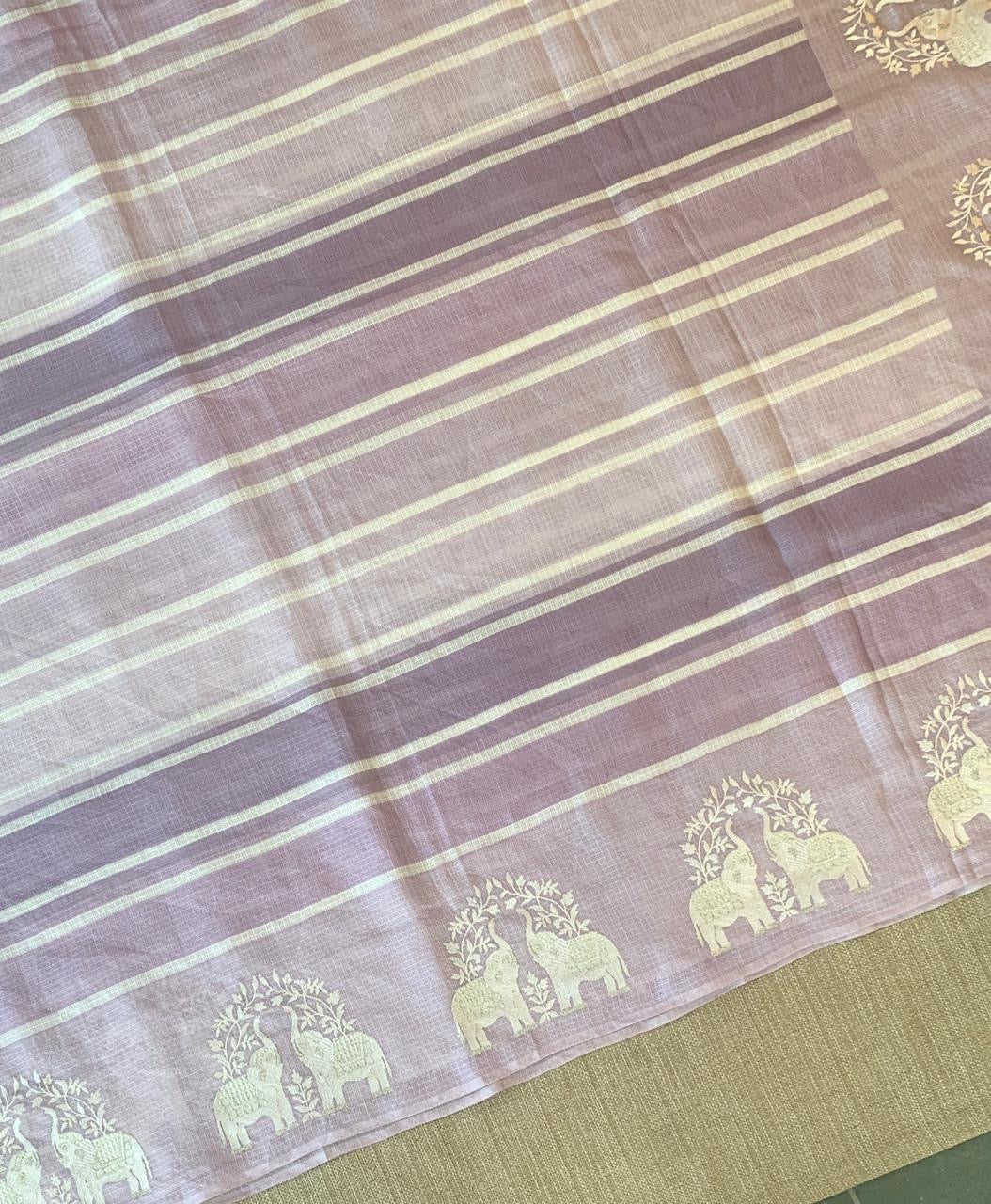 Lilac Designer Silk kota saree with elephant embroidered border