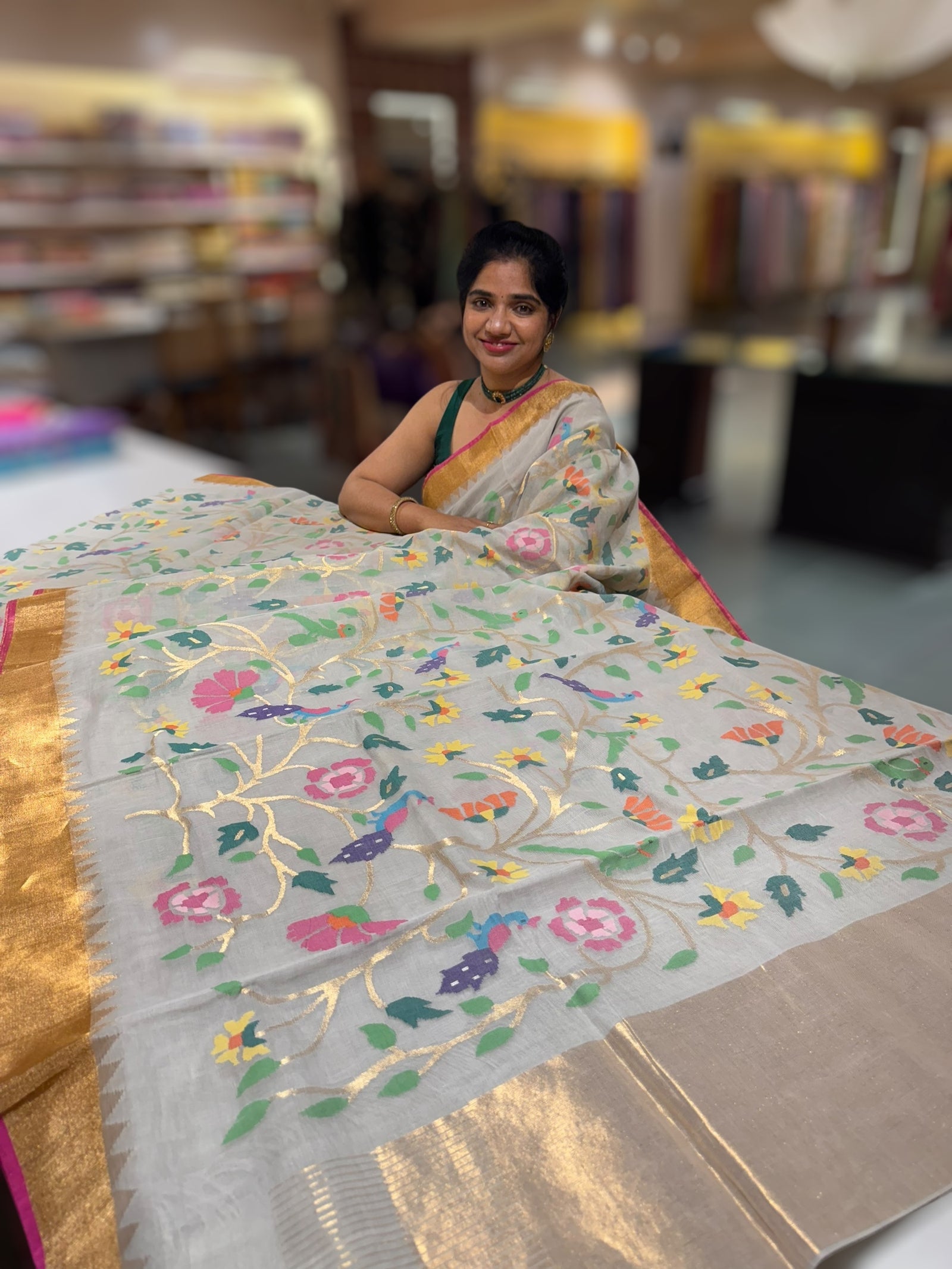 Ponduru Khadi Jamdani Allover multi Meenakari Weaving Saree With Premium 60/60 Count