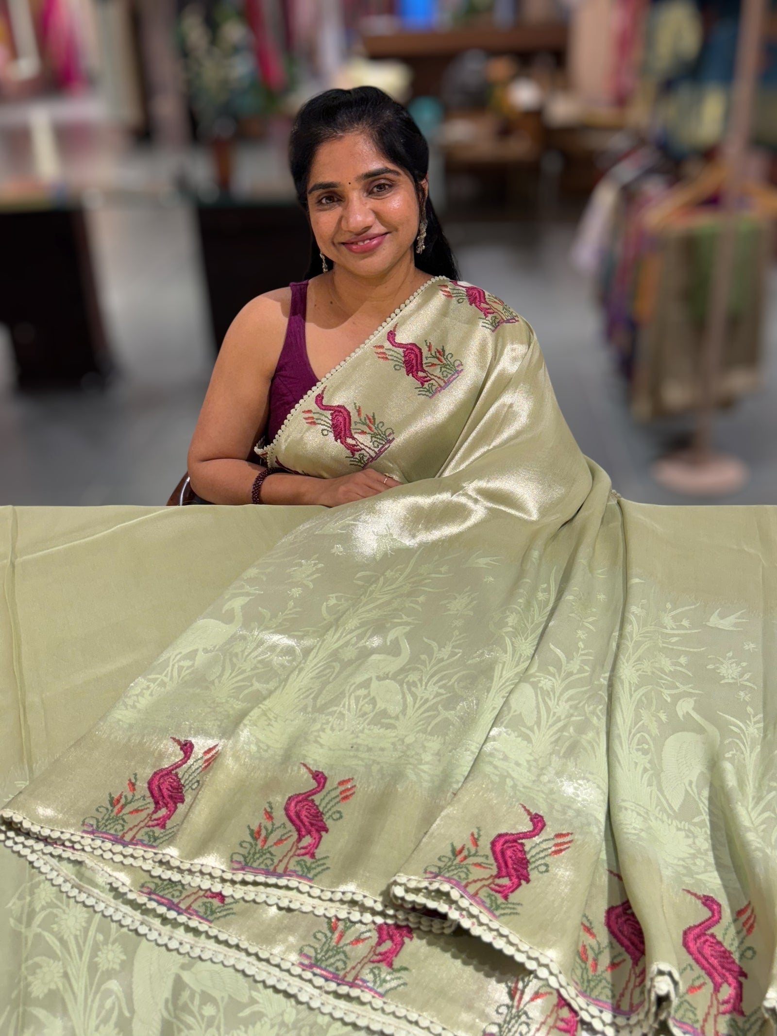 Mint Green Banarasi Brocade tissue saree with tonchui style weaving & petite point embroidered swan border