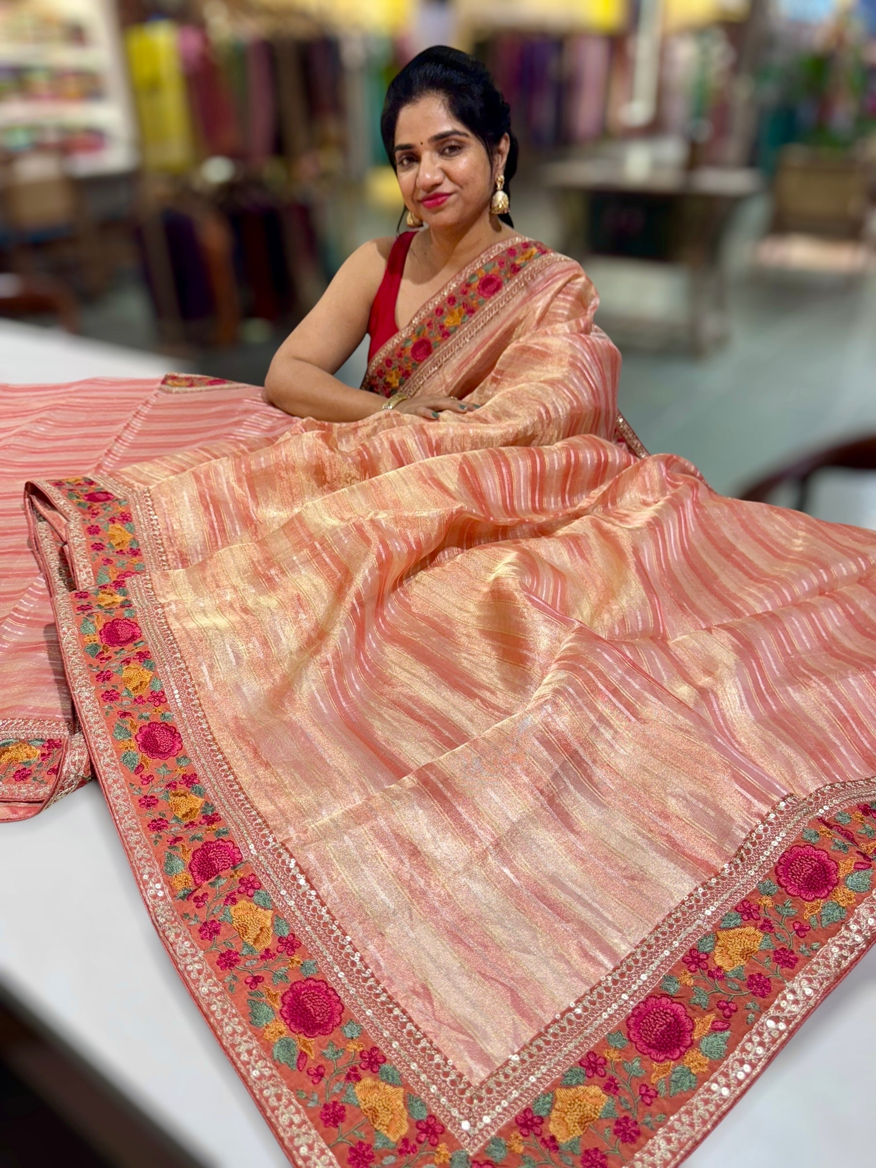 Peachish Rust Kora Tissue Stripes Saree with Sabhyasachi Style Embroidered Borders & Blouse
