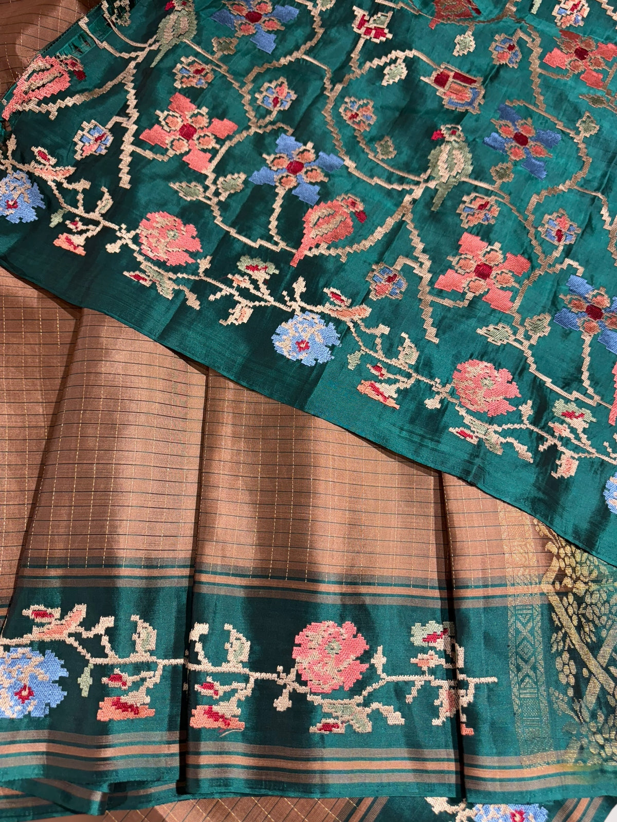 Terracota & Teal Vintage Kanchi soft silk saree with embroidery