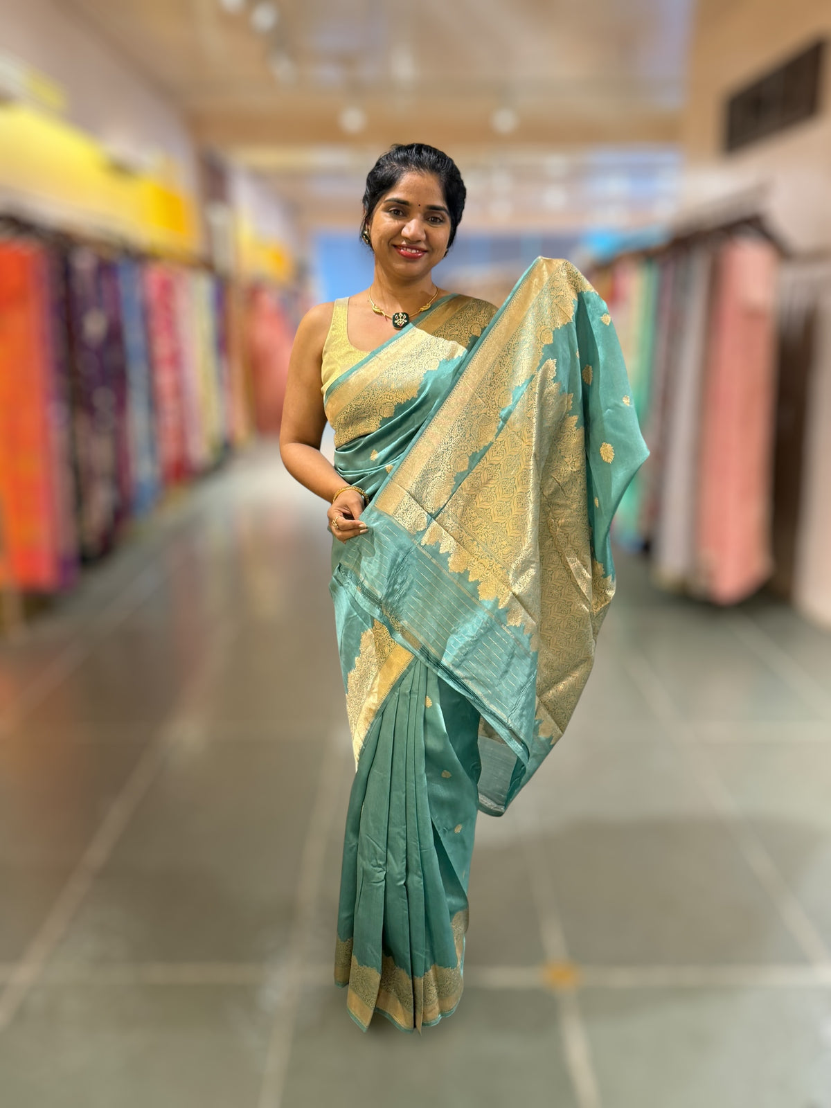 Dusty Blue Poona Silk Saree with double borders