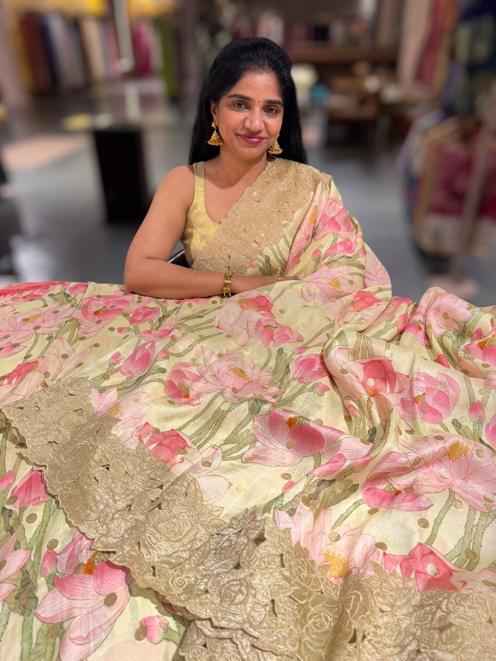 Mint Banarasi Munga Printed Tussar Khaddi With Tissue cutwork Rose Border