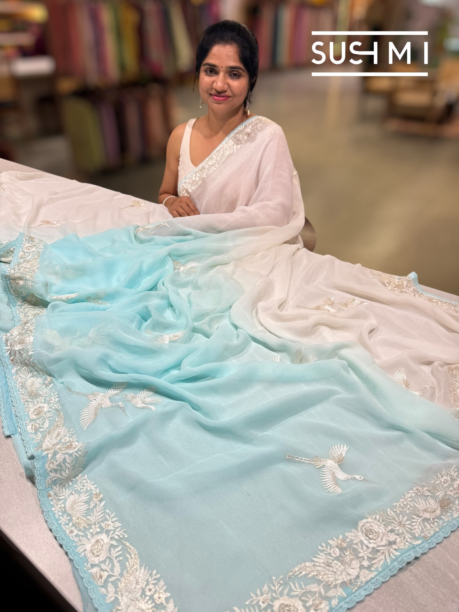 Pastel Blue ombre dyed pure chiffon saree with parsigara embroidery : S62F070