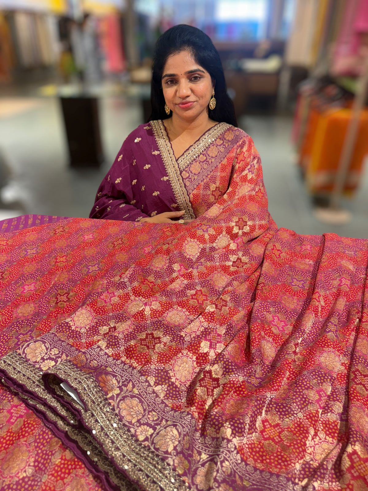 orangish Red &amp; Wine Banarasi bandhini georgette