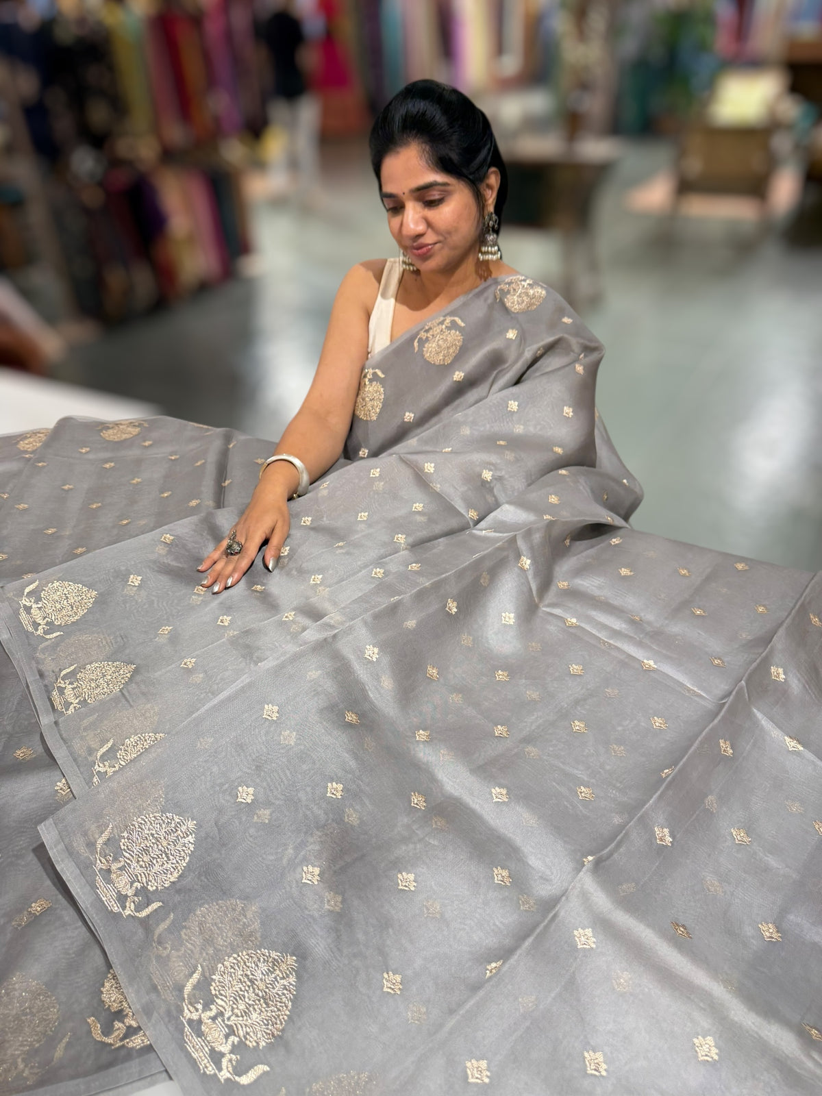 Grey Organza Saree With Embroidery & Tussar Printed Blouse