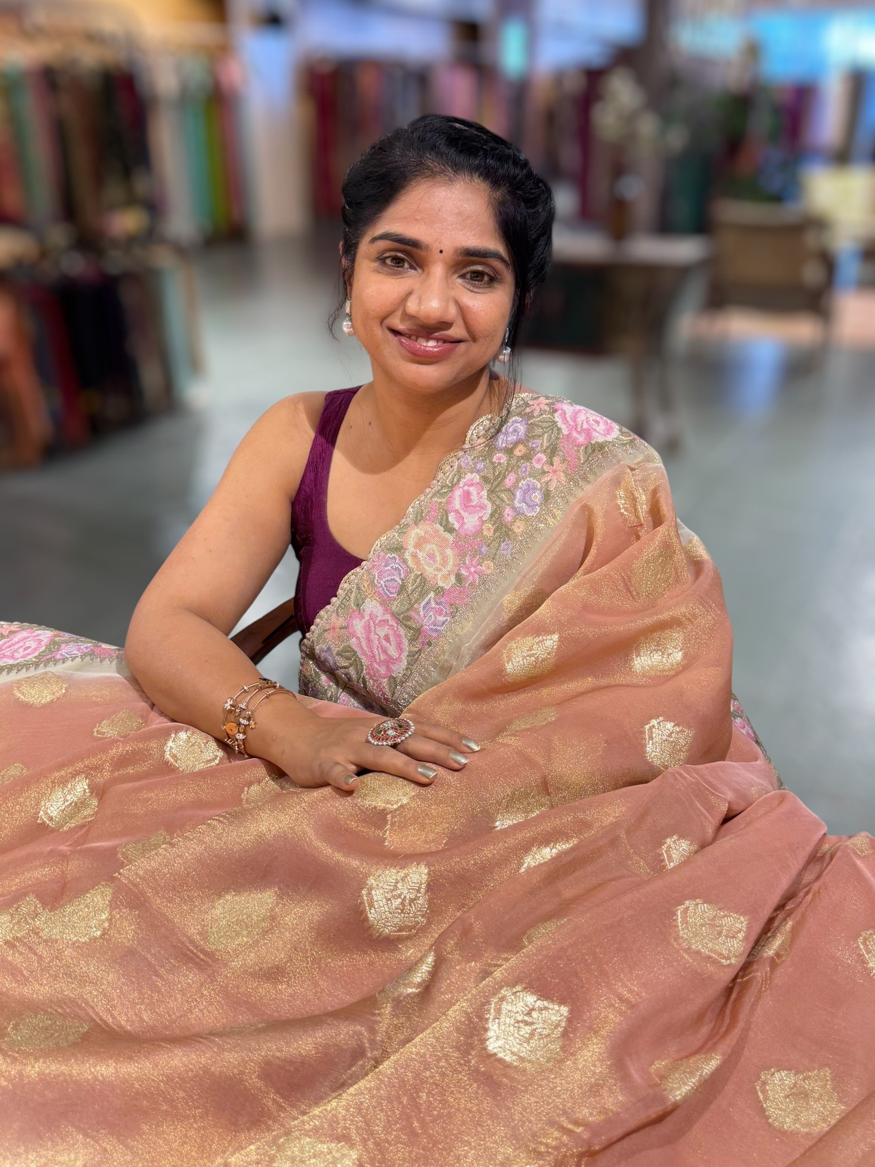 Brownish Peach Banarasi Tissue Gorgette Saree With Petite Point Embroidered Border