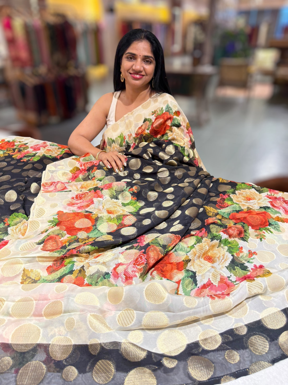 Black Banarasi Kora Gorgette Polka dot Printed Sareep