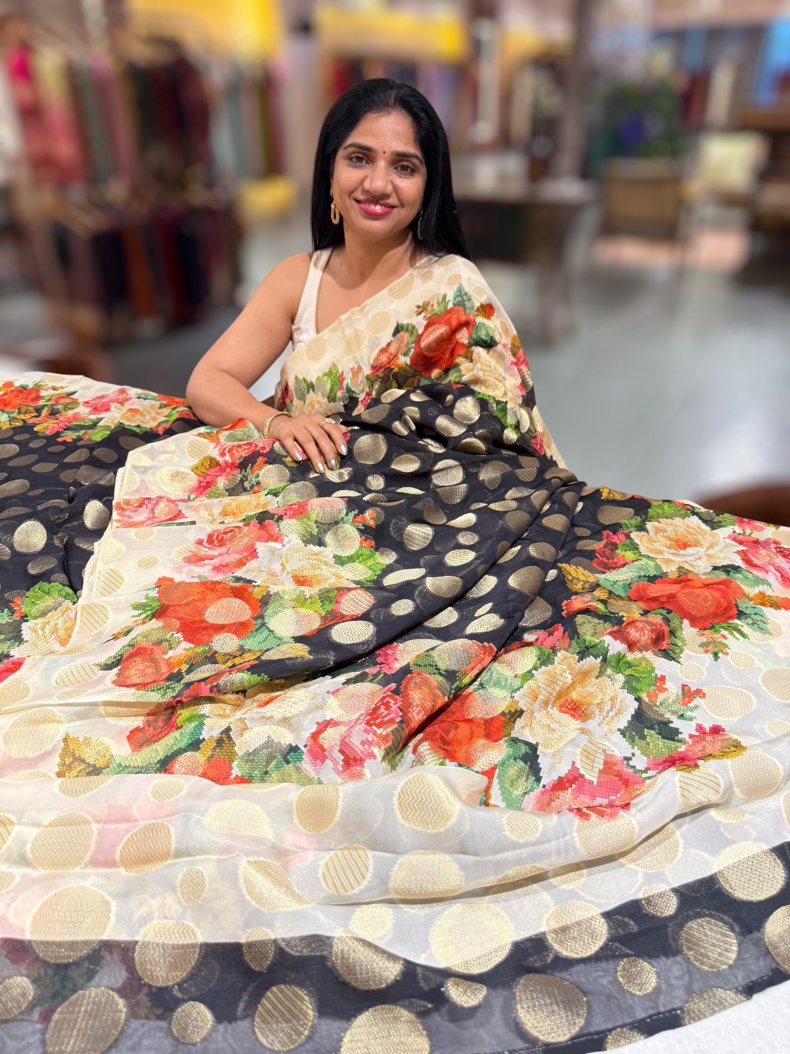 Black Banarasi Kora Gorgette Polka dot Printed Sareep