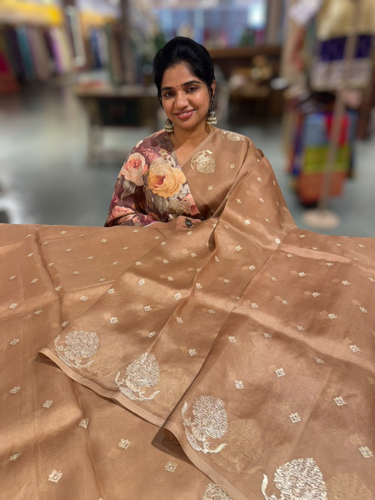 Nude Brown Organza Saree With Embroidery &amp; Tussar Printed Blouse