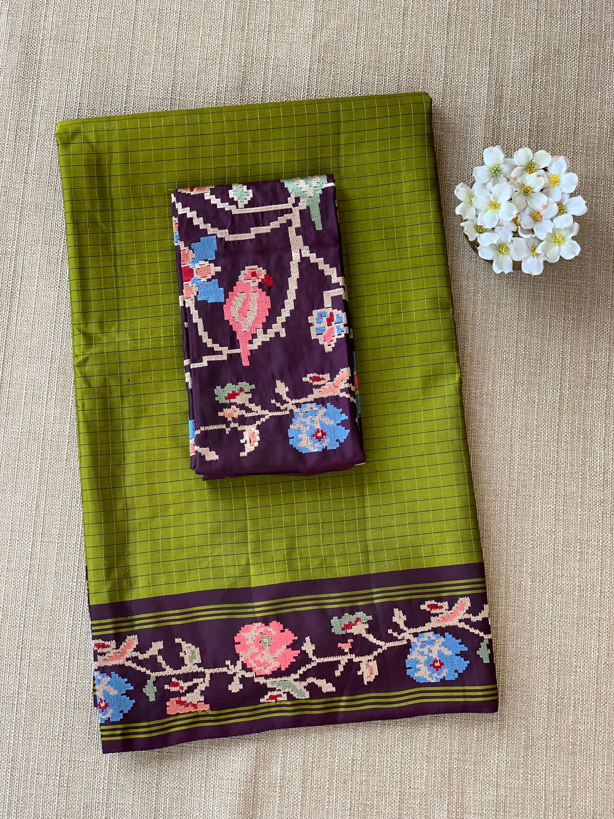Leaf Green & Grape Wine Combo Vintage Kanchi soft silk saree with embroidery
