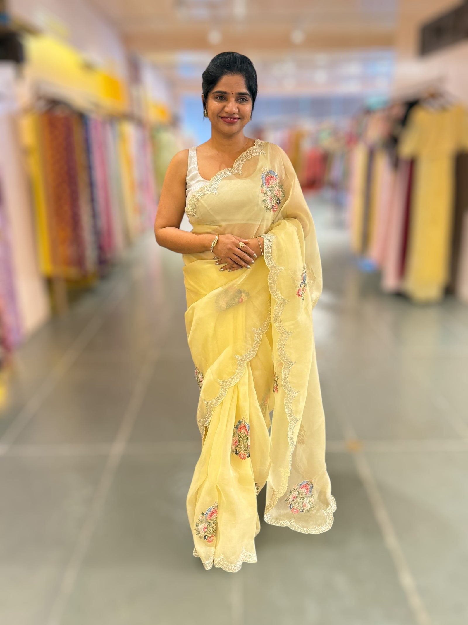 Pastel yellow pure Organza handwork saree