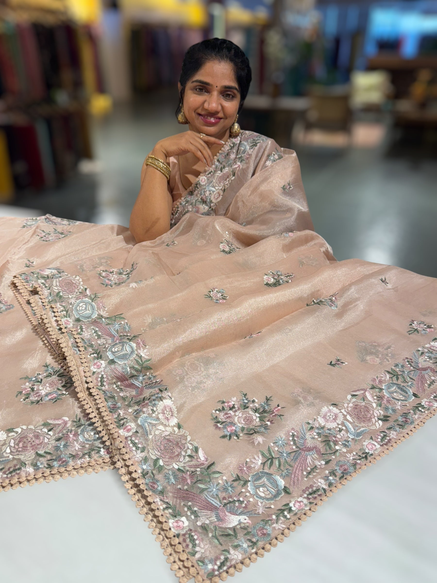 Pastel Pink Pure Tissue Saree With Parsi Gara Embroidery