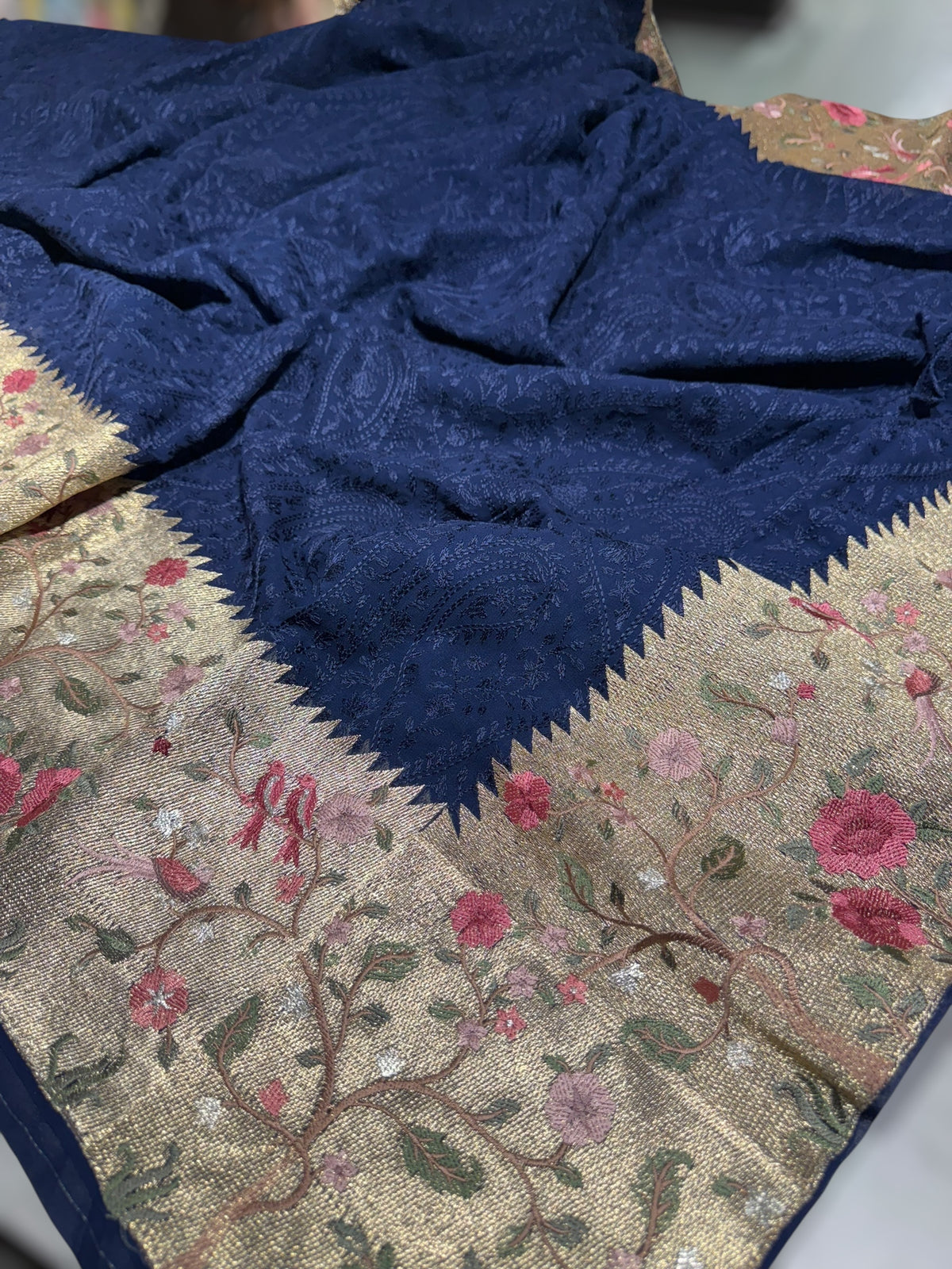 Midnight Blue Chikankari Georgette Saree with Tissue embroidered Border