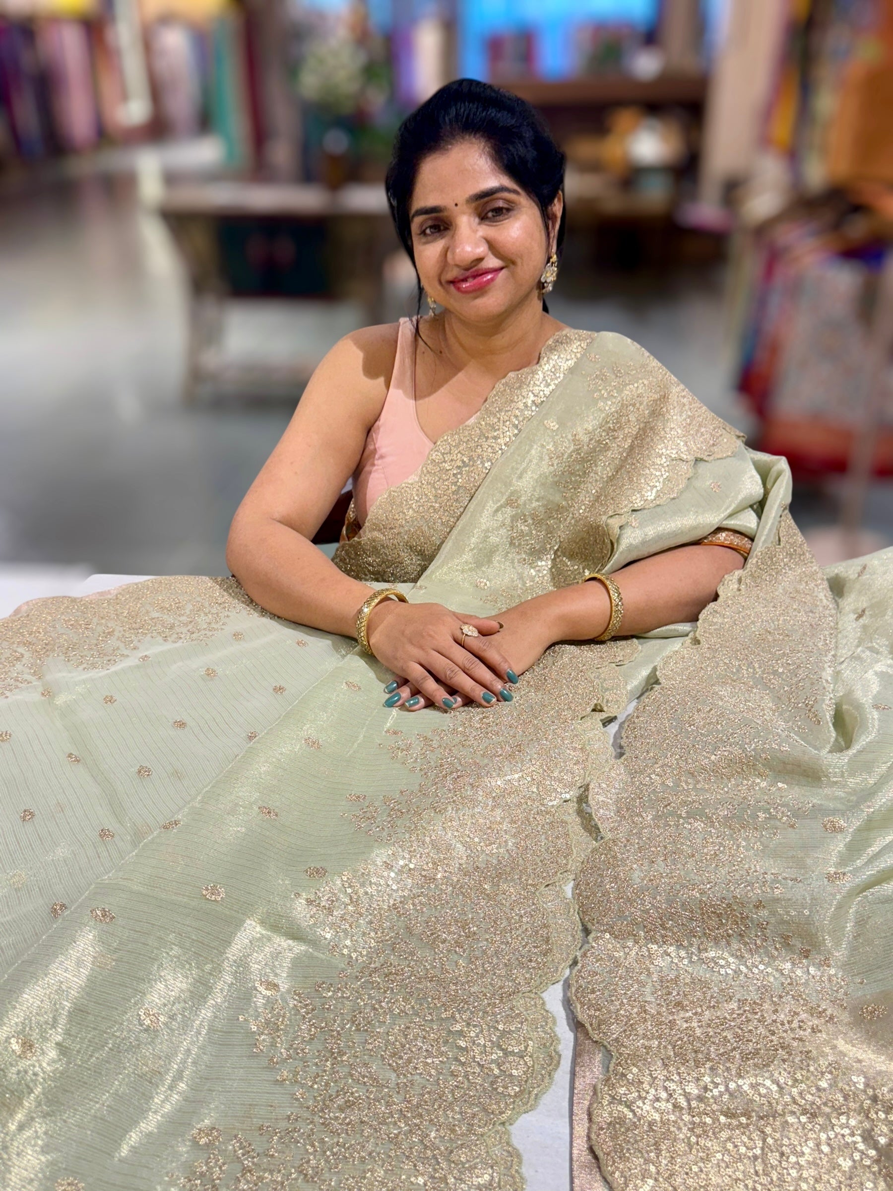 Mint Green Tissue Saree with Heavy Sequence Embroidered Scallop Border