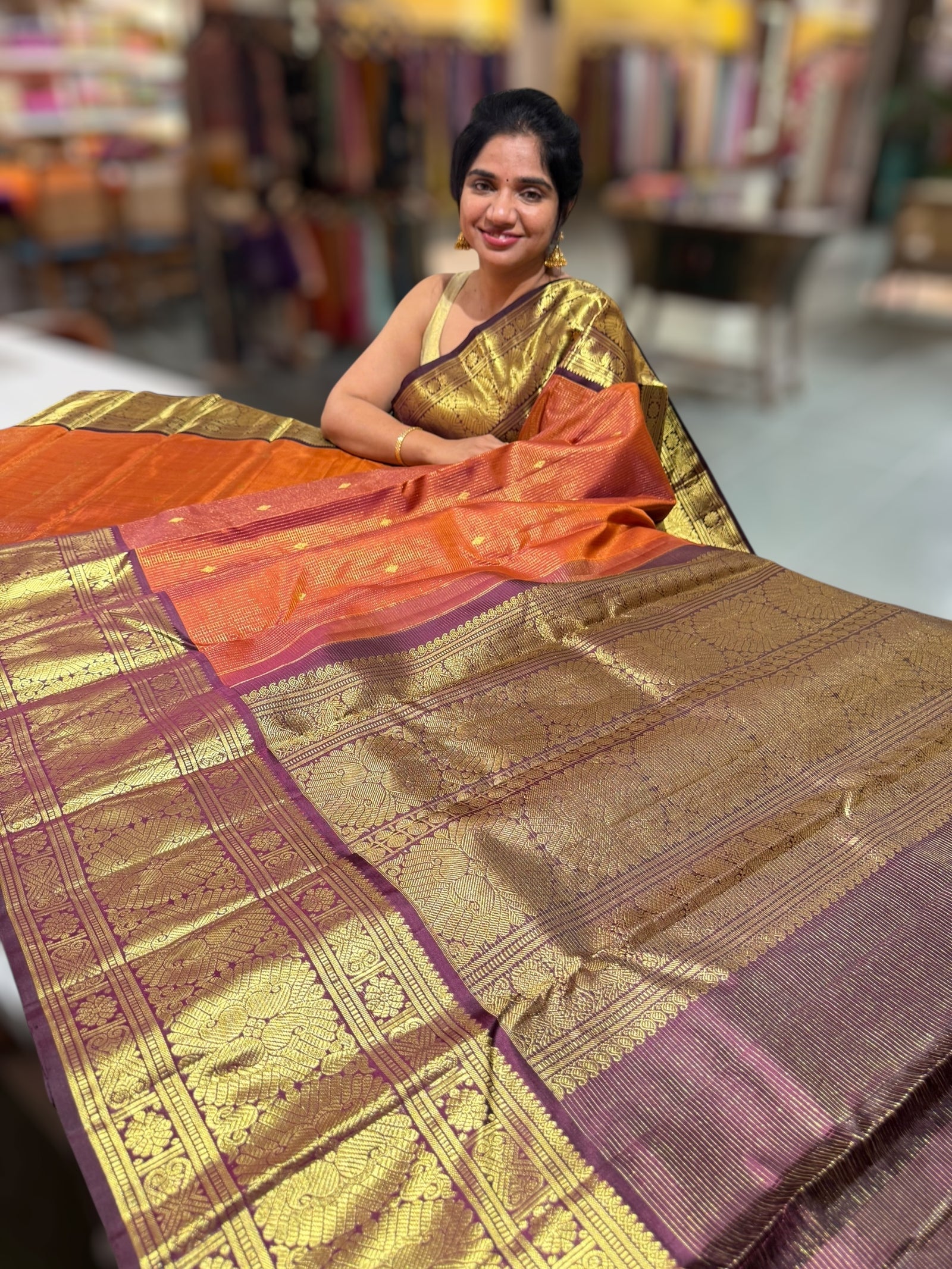 Rust Orange and Brown Combo Vaira Oosi checks Vintage Kanchipuram Saree